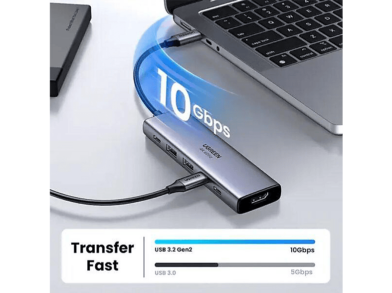 Thumbnail - UGREEN USB-C to HDMI+2x USB-A 3.2+2x 3.2+PD 4K@60 Hub Hub, Grau