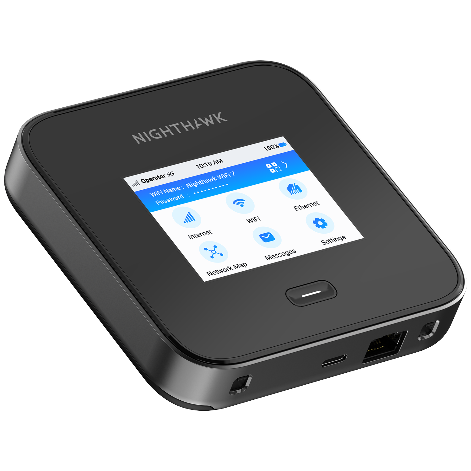 Een zwarte Nighthawk 5G mobiele hotspot met touchscreen waarop netwerkinformatie wordt weergegeven.