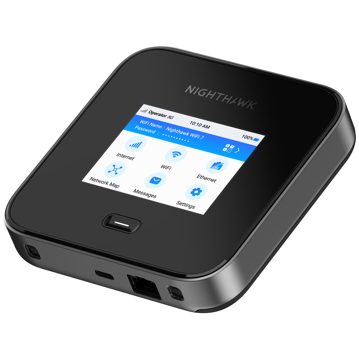 Een zwart Nighthawk 5G-apparaat met touchscreen toont WiFi-instellingen.