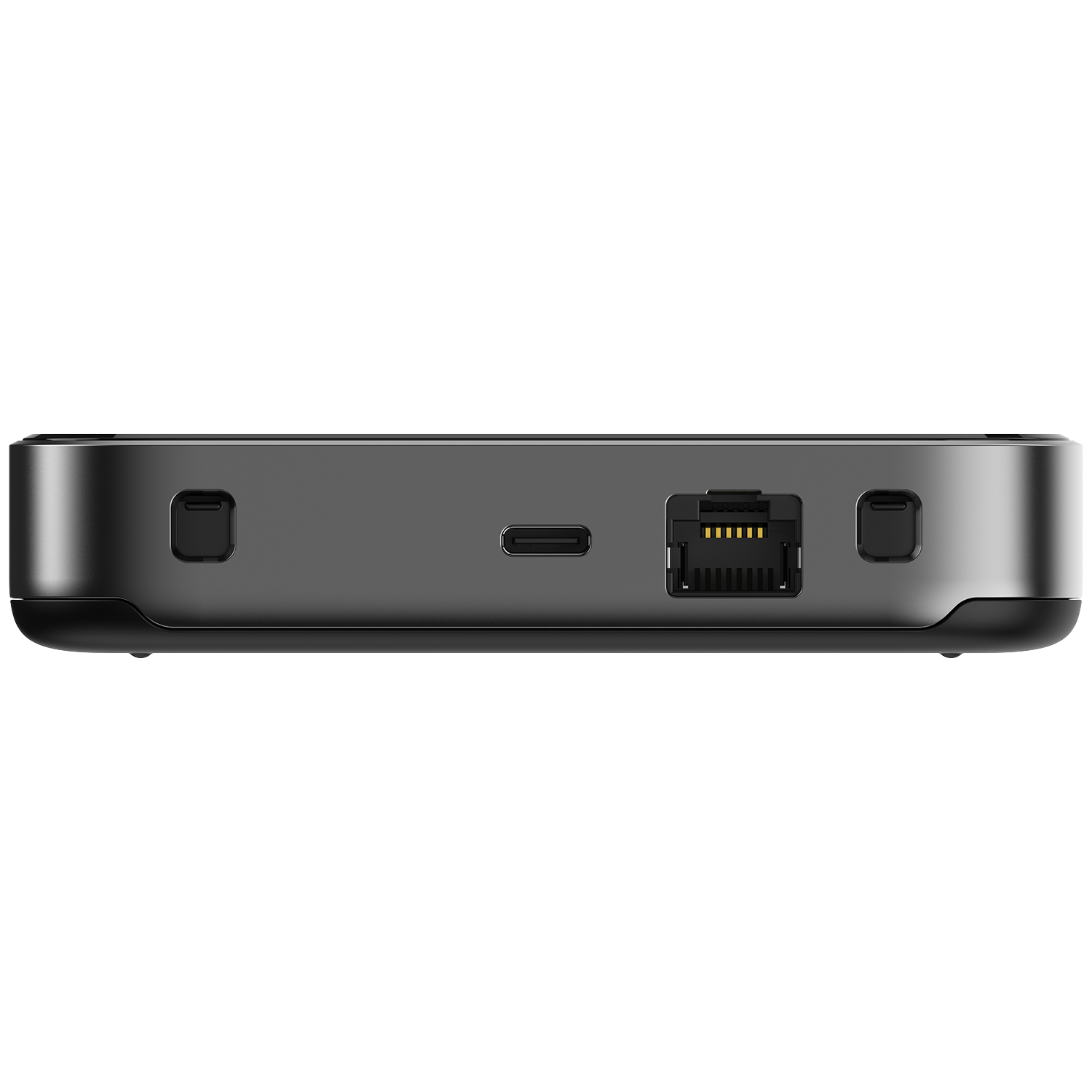 Grijze doos met poorten: USB-C, Ethernet, 2 knoppen.