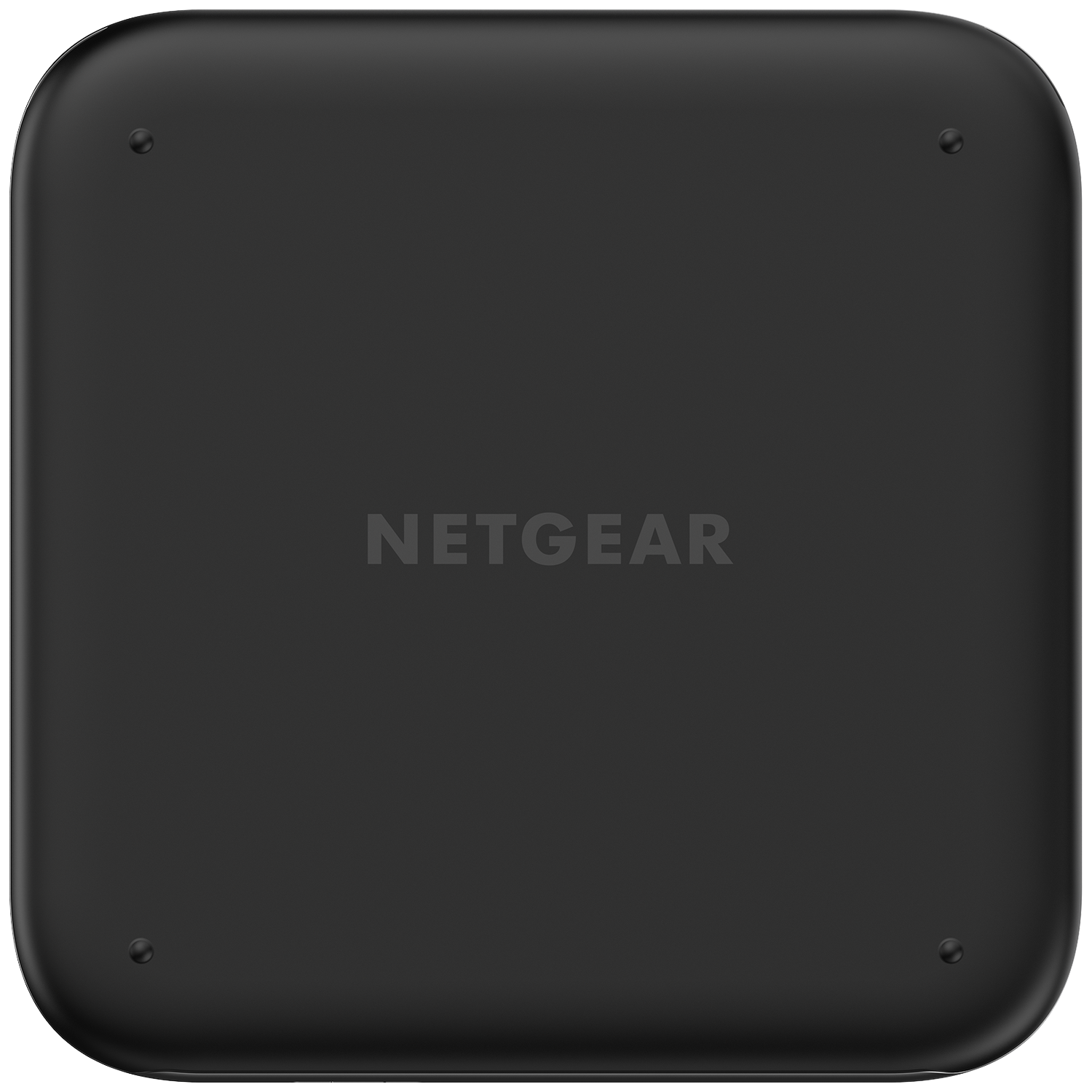Een zwart, rechthoekig apparaat met afgeronde hoeken en het NETGEAR-logo.