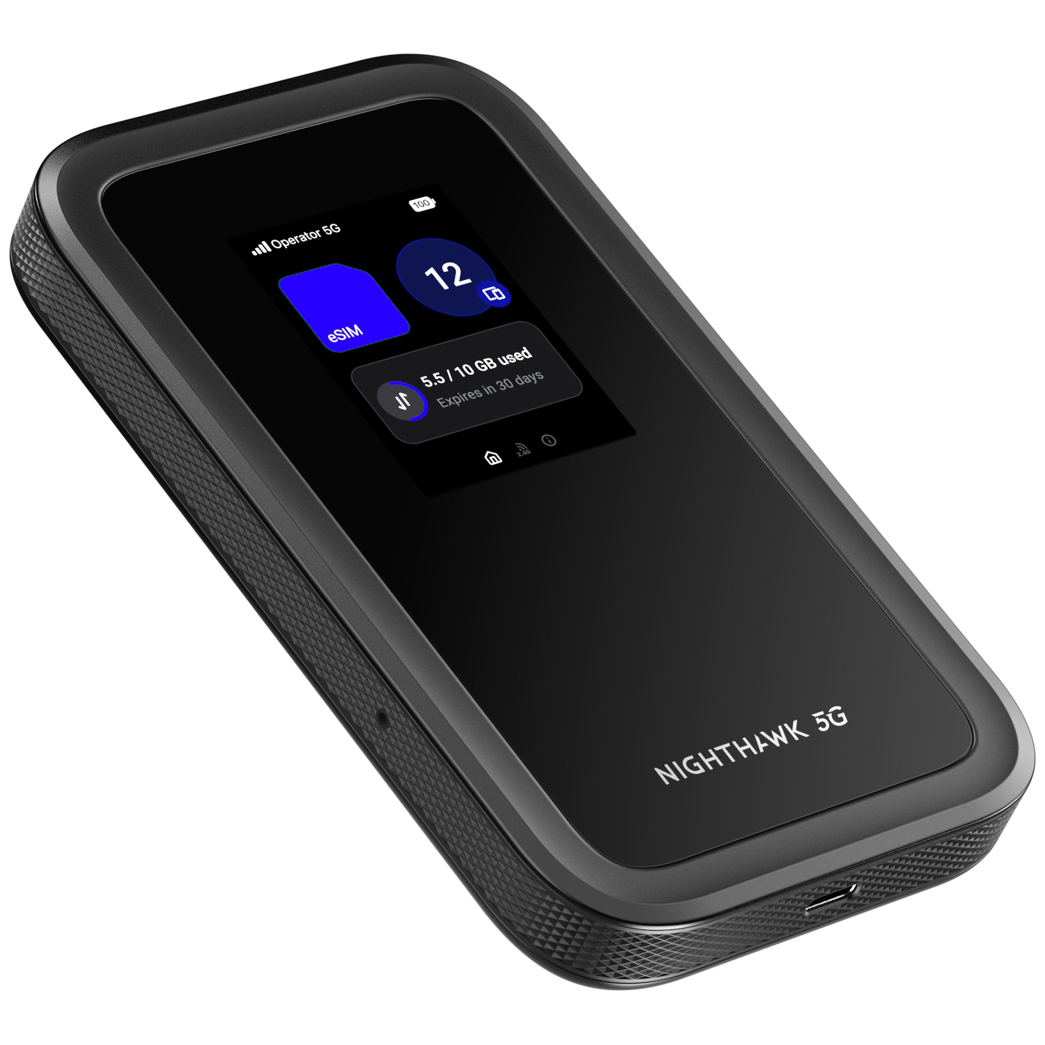 Black 5G hotspot with touchscreen showing eSIM and data usage.