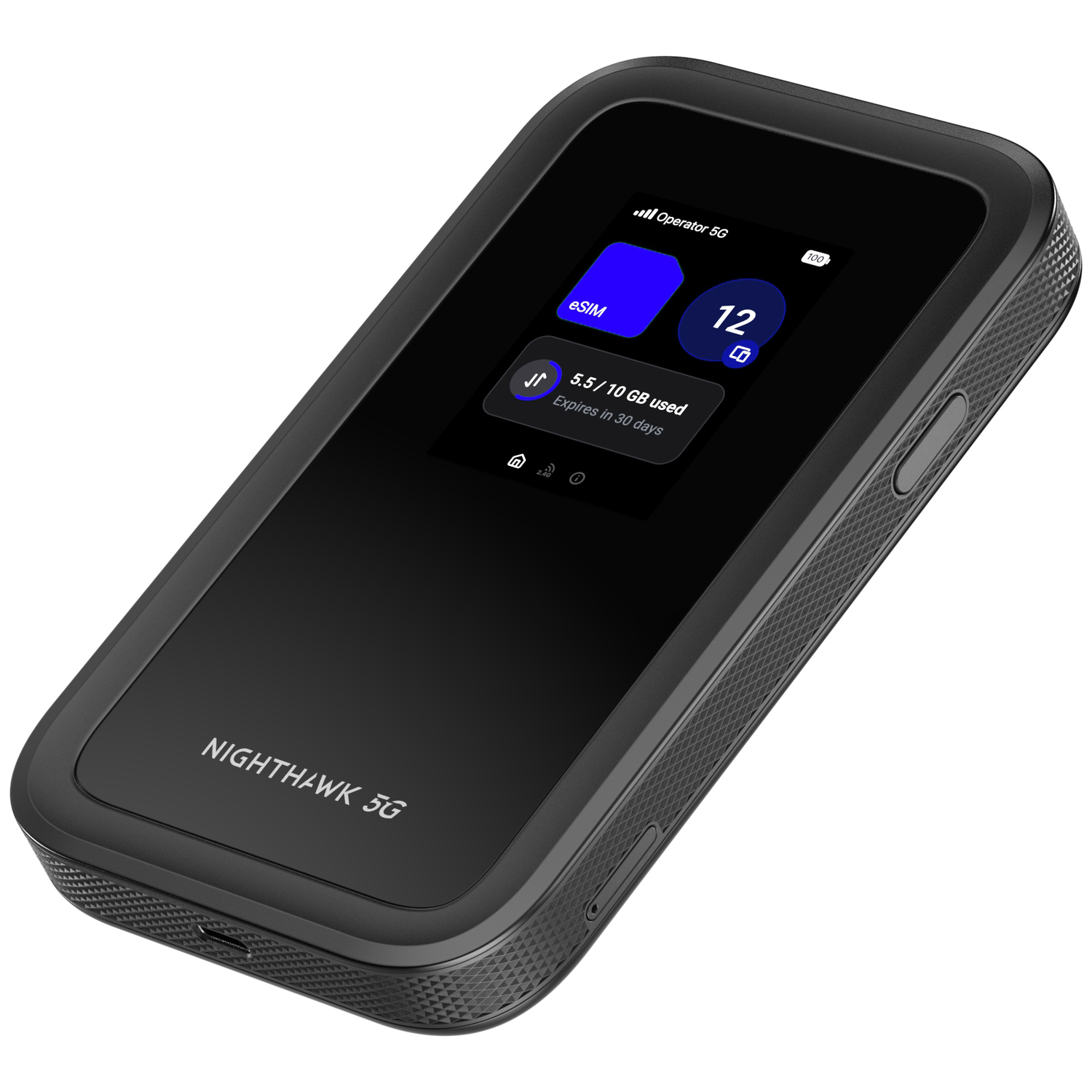 Black Nighthawk 5G mobile hotspot displays eSIM, 12 devices connected, and 5.5/10 GB used.