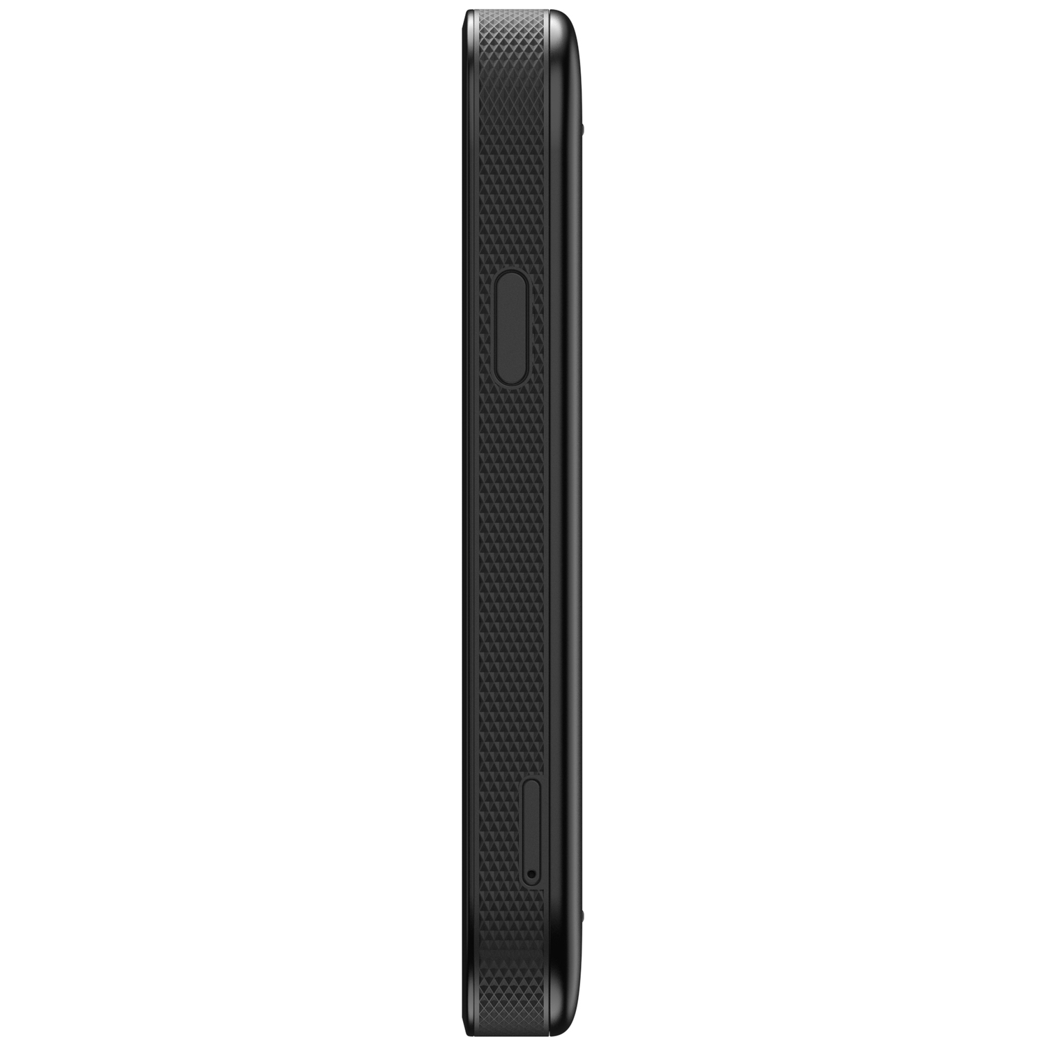 Black smartphone in side profile with diamond pattern texture and buttons.