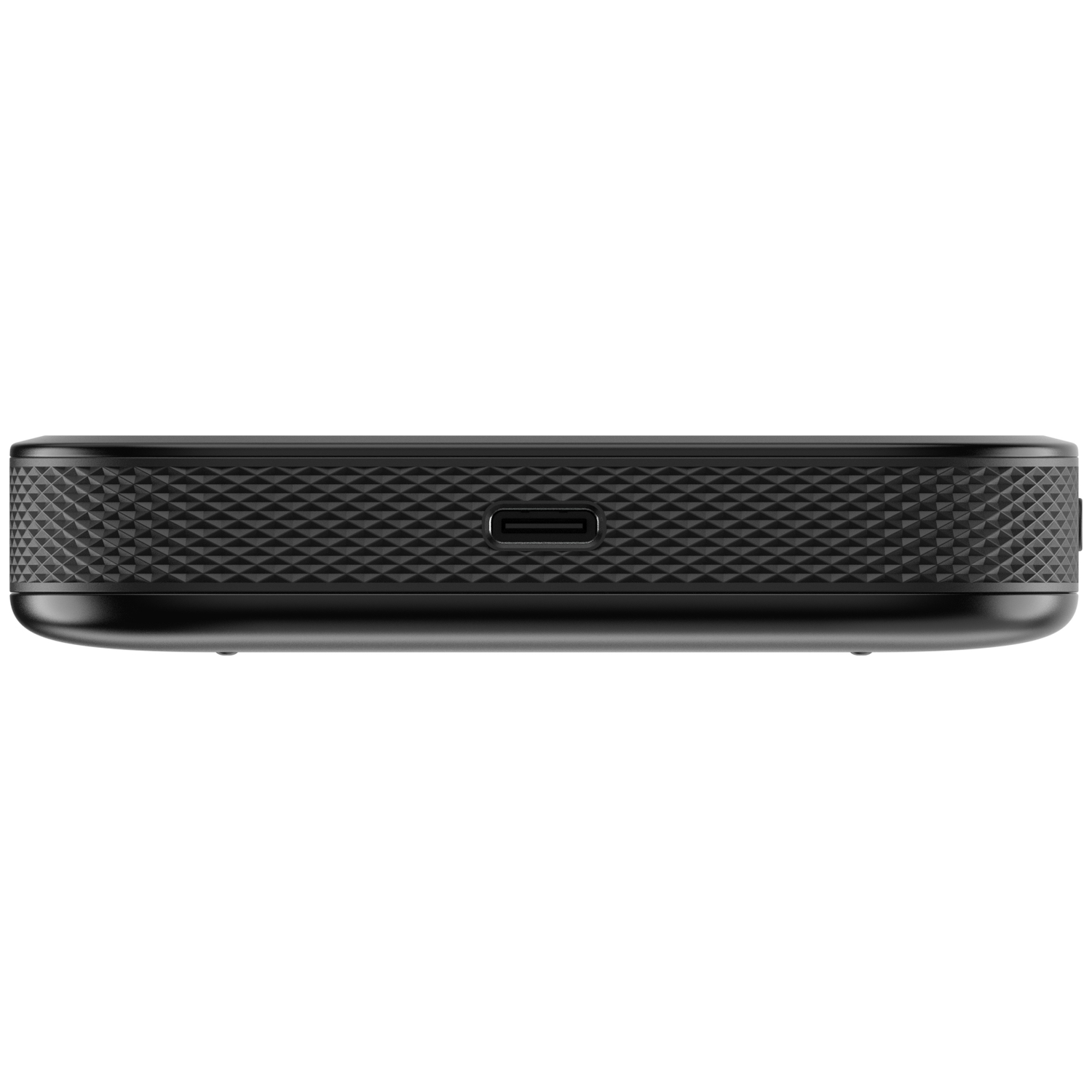 Black rectangular device with textured sides and a USB port.
