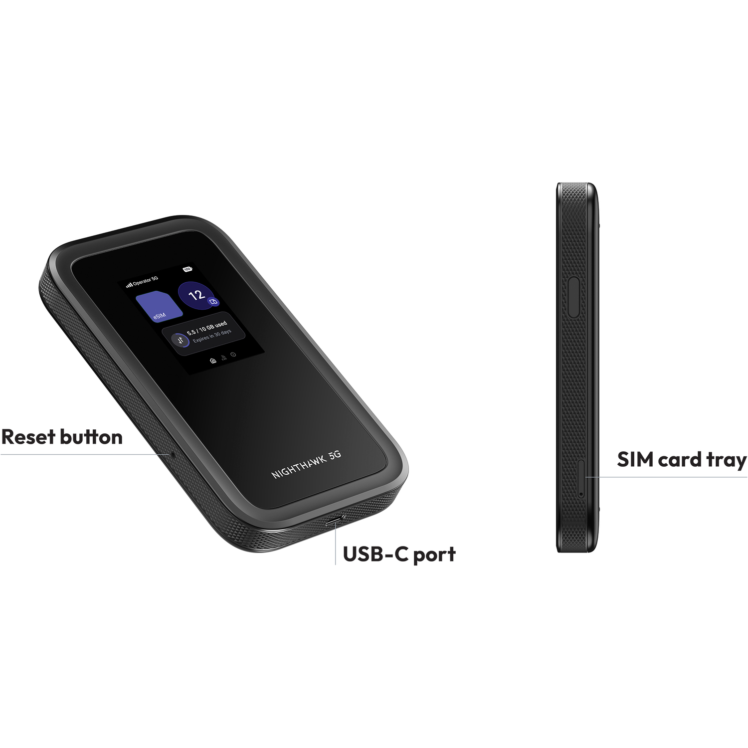 A black Nighthawk 5G hotspot device with screen, USB-C port, and SIM card tray.