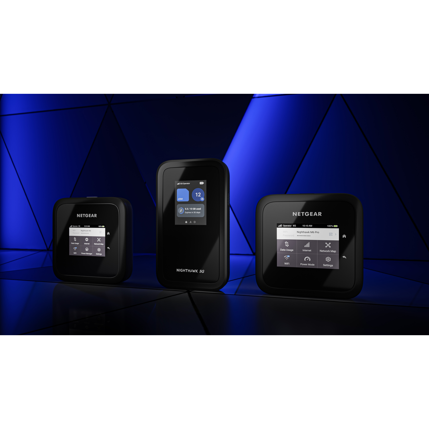 Three Netgear Nighthawk 5G hotspots on a blue geometric background.