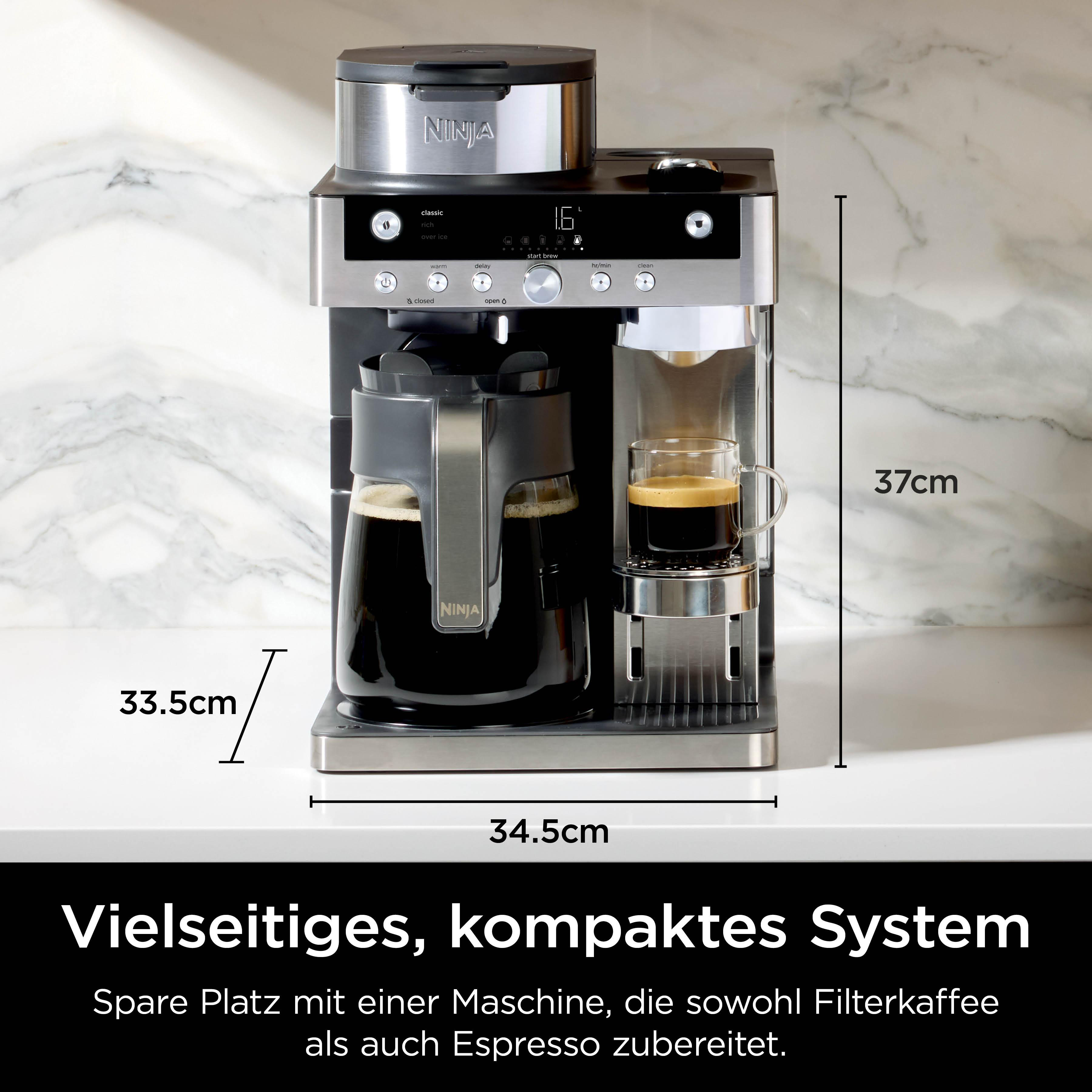 Ninja Kaffeemaschine mit Glaskaraffe und Espressotasse, 37cm hoch.