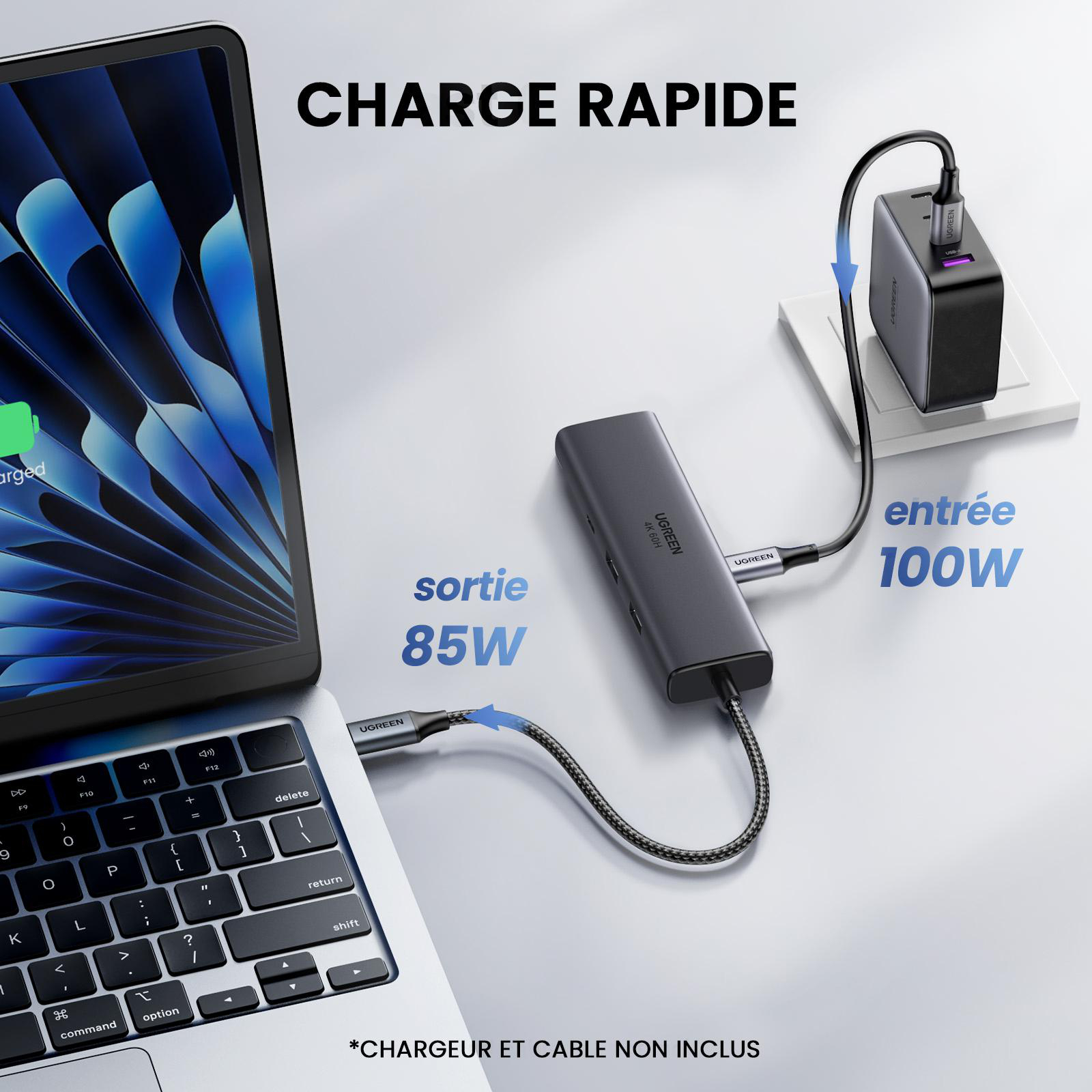 Laptop mit USB-C-Hub, 100W Netzteil und Ladekabel. Schnelles Laden.