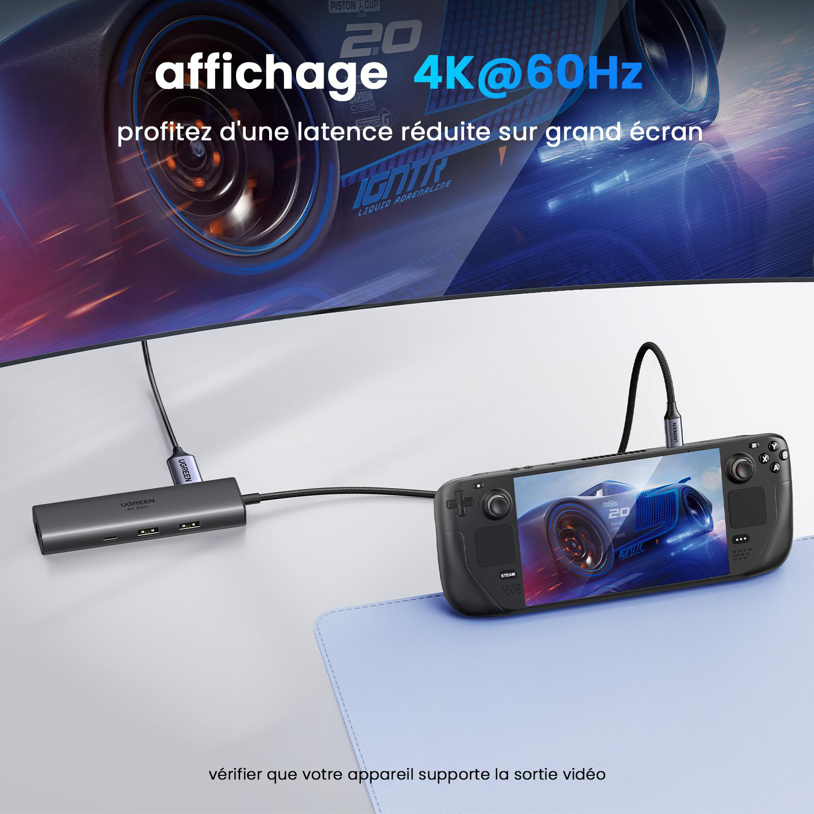 Ein Gaming-Handheld ist über einen USB-C-Hub mit einem großen Bildschirm verbunden.