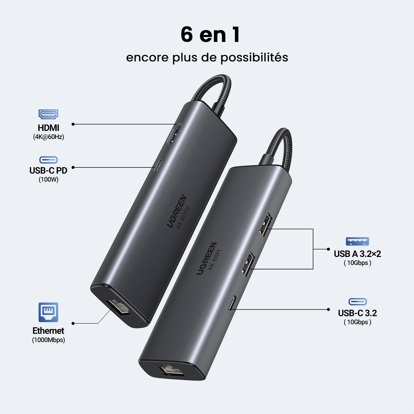 Zwei graue USB-C-Hubs mit Anschlüssen: HDMI, USB-C PD, Ethernet, USB-A und USB-C.