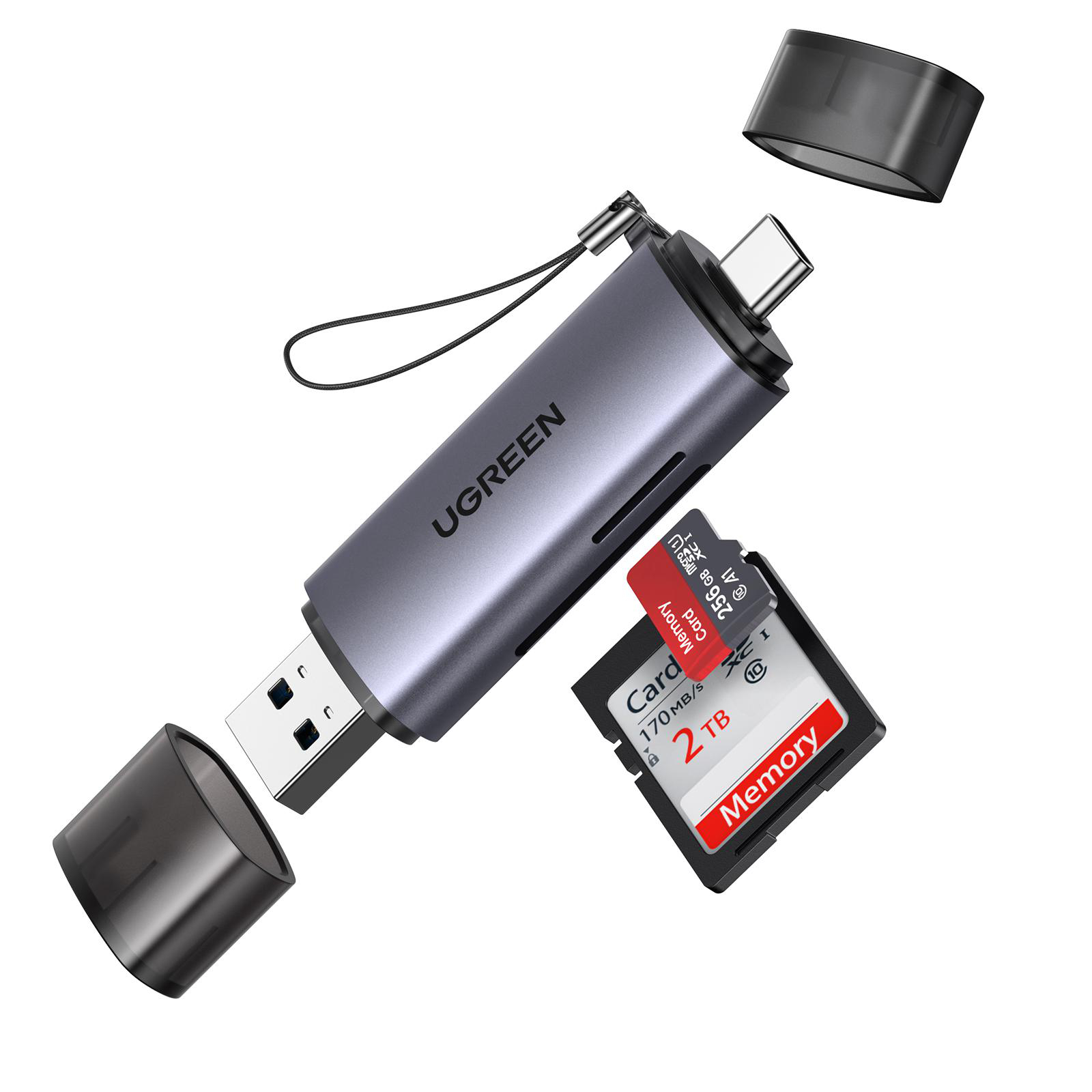 Grauer UGREEN USB-C-Stick mit abnehmbaren Kappen und SD-Karte mit 2 TB.