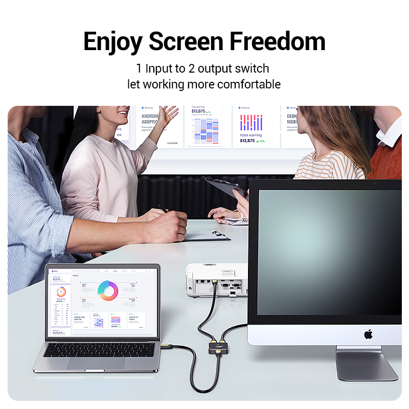 Ein Laptop, ein Projektor und ein Monitor sind über einen Switch verbunden.