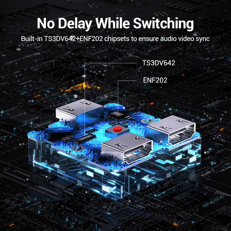 Ein USB-C-Switch mit TS3DV642+ENF202 Chipsätzen auf einer Leiterplatte.