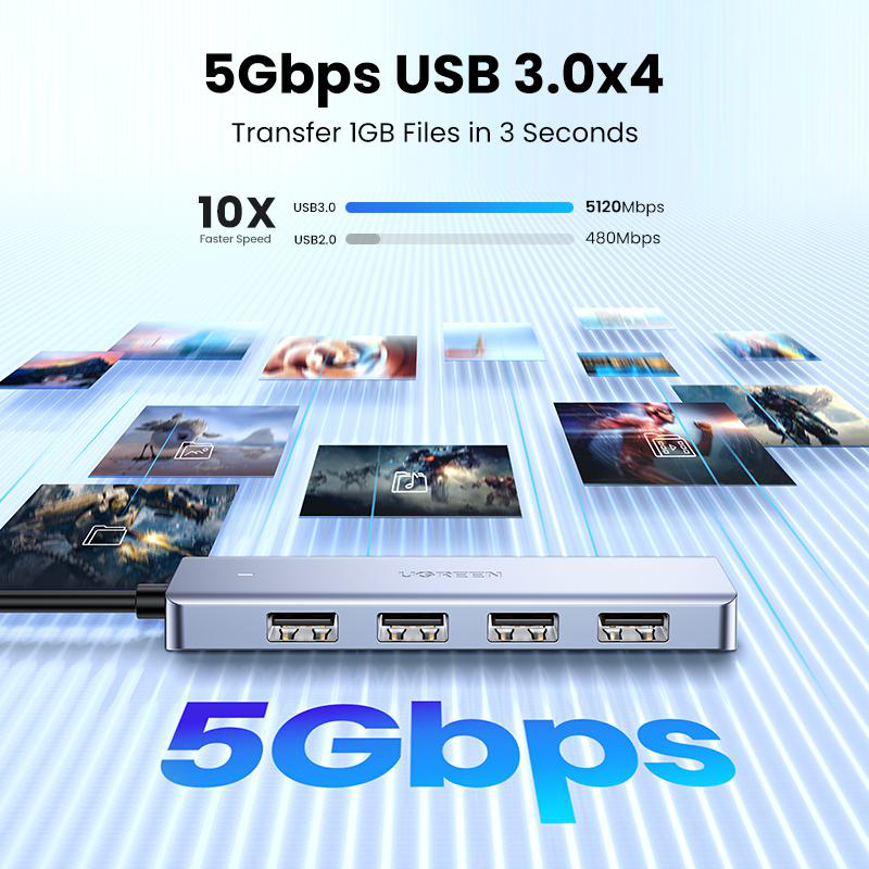 Ein silberner USB 3.0 Hub mit vier Anschlüssen, der Datenübertragungsgeschwindigkeiten zeigt.
