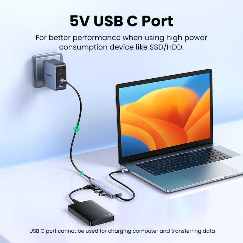 Ein Laptop ist mit einem USB-C-Hub verbunden, der ein Netzteil und eine externe Festplatte versorgt.