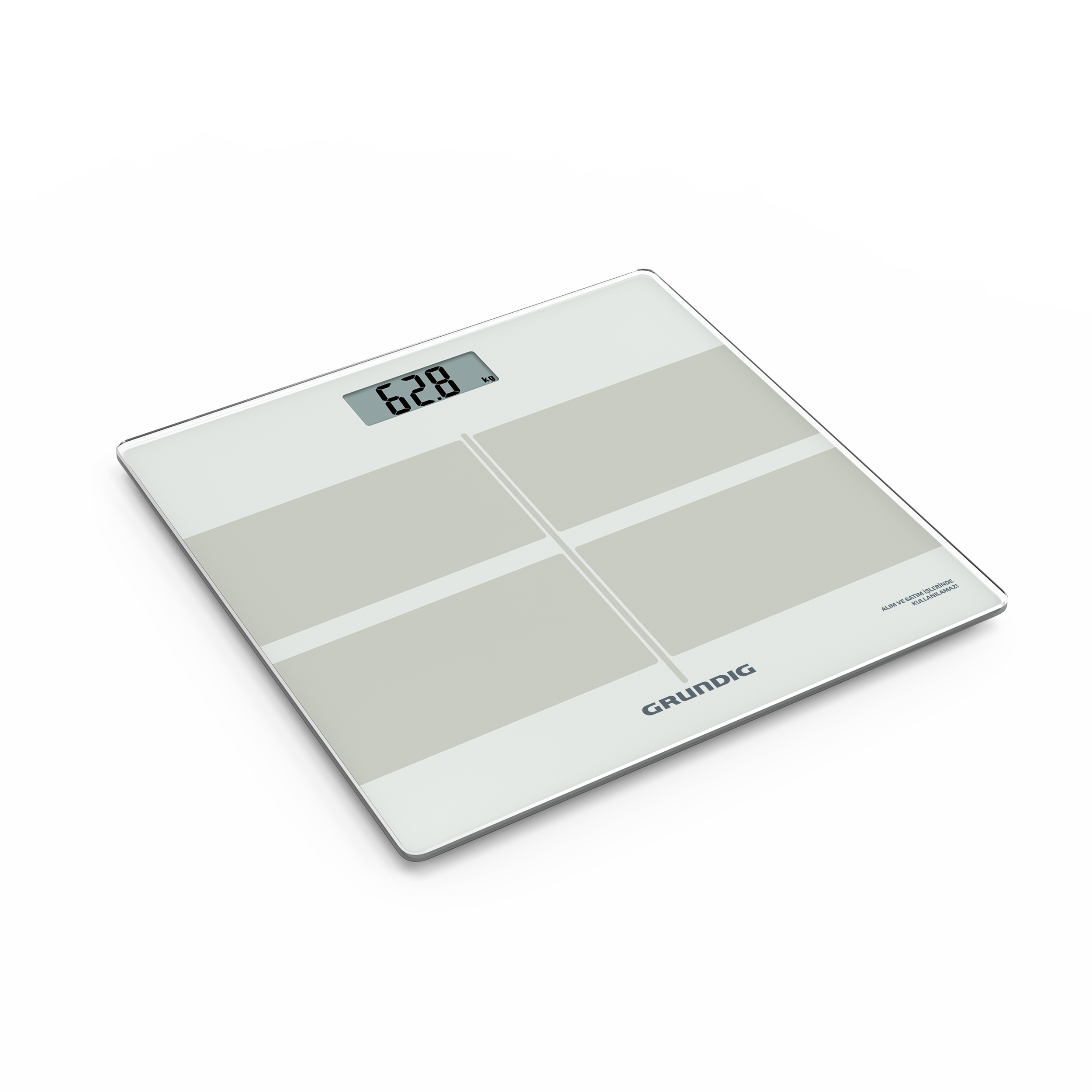 Gümüş kenarlı beyaz dijital tartı 62,8 kg gösteriyor.
