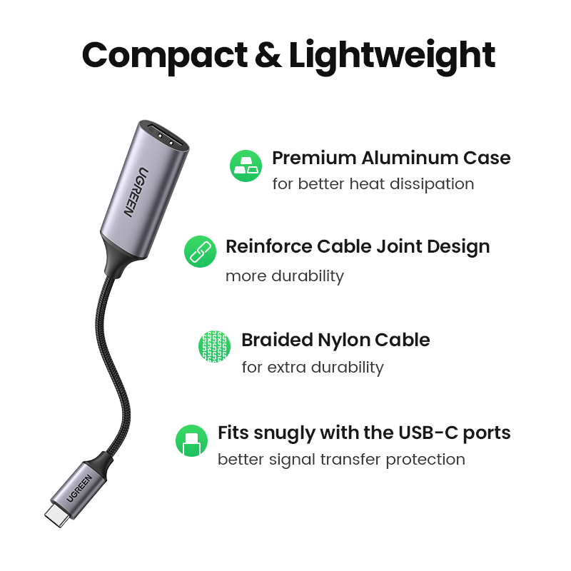 Grauer USB-C-Adapter mit verstärkter Kabelverbindung, Aluminiumgehäuse.