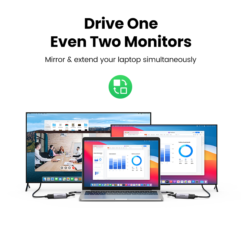 Ein Laptop ist an zwei Monitore angeschlossen, die verschiedene Inhalte anzeigen.