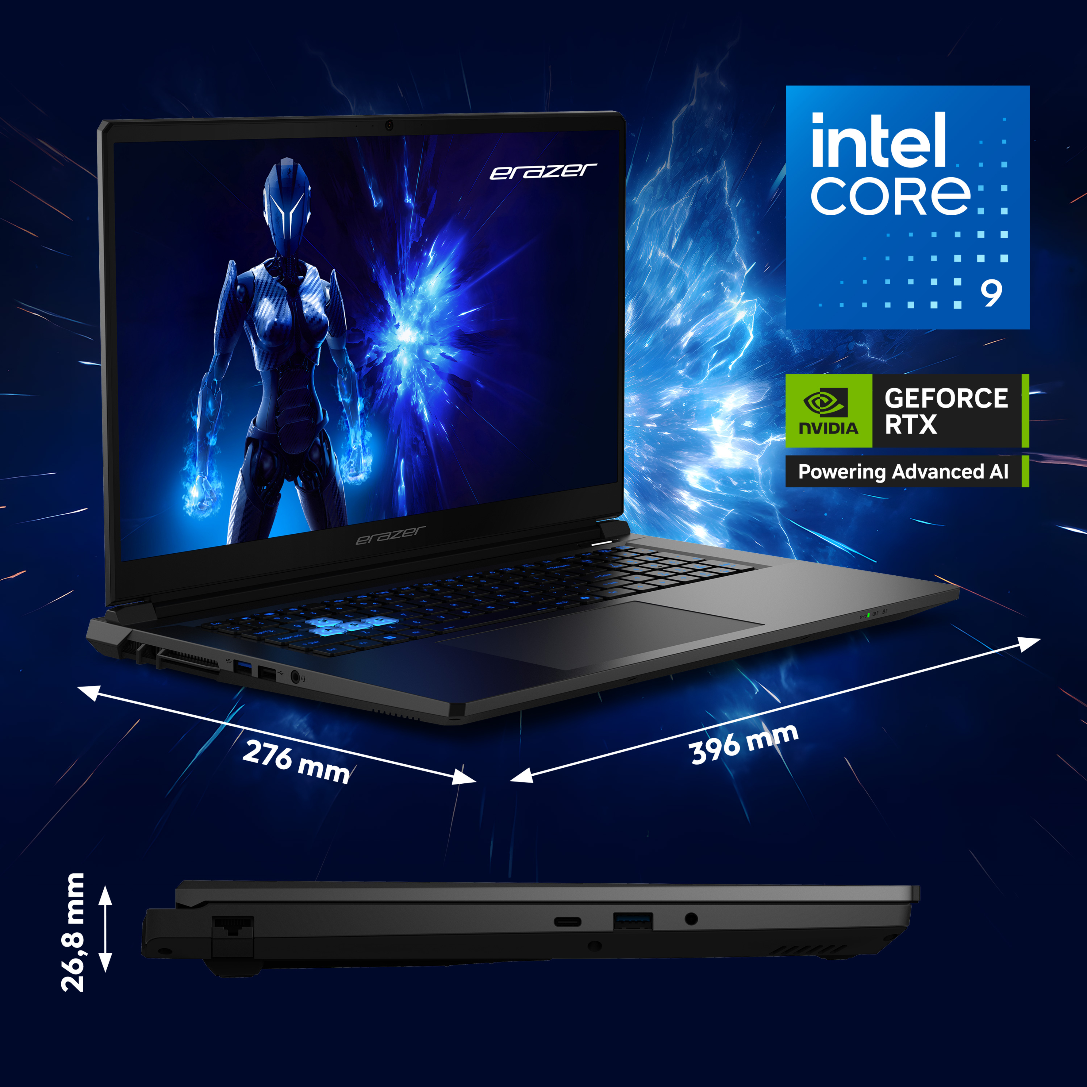 Ein schwarzer Laptop mit Intel Core i9 und Nvidia RTX-Grafik. Maße angezeigt.