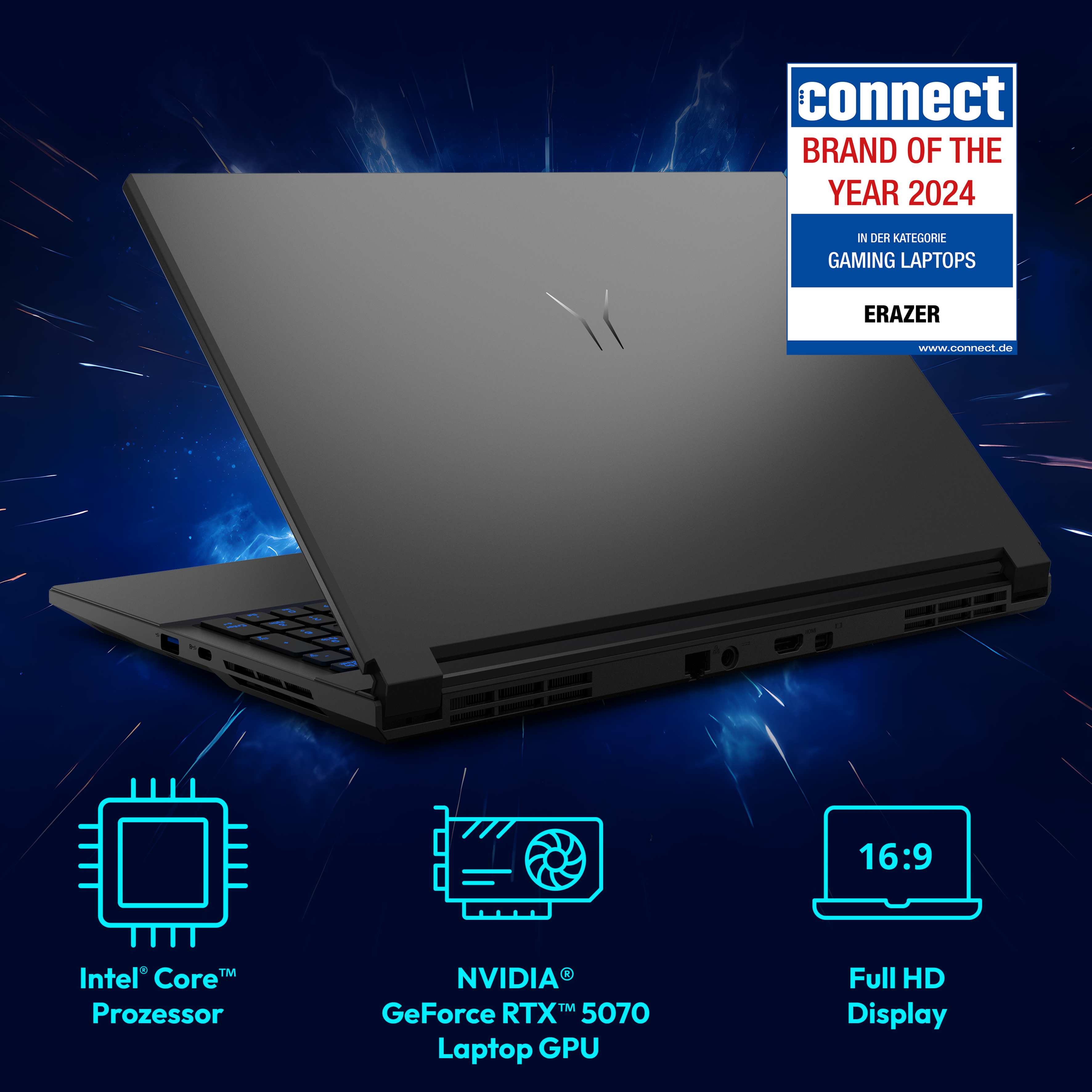 Schwarzer Gaming-Laptop mit Intel Core Prozessor, RTX 5070 GPU, 16:9 Full HD Display.