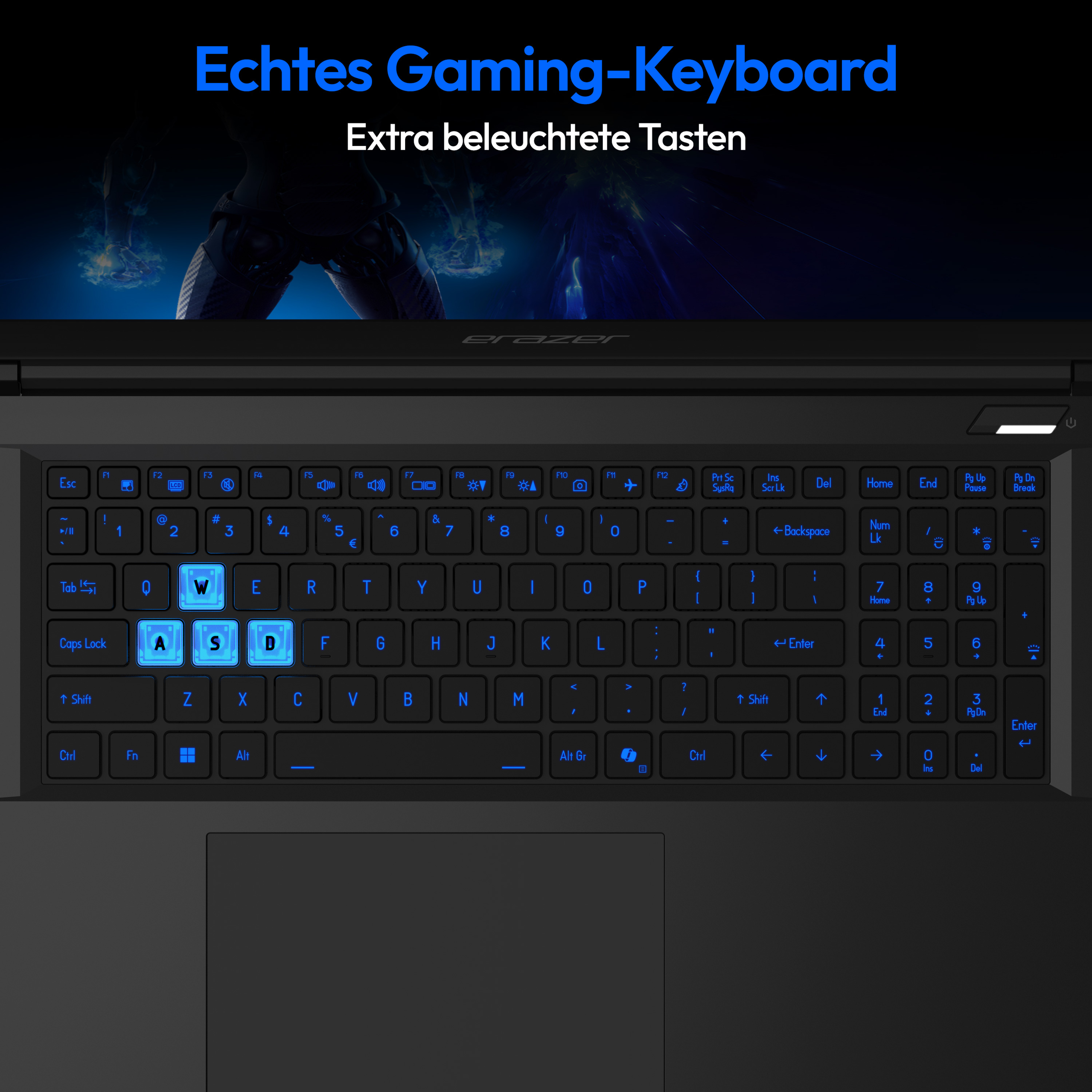 Ein Gaming-Laptop-Keyboard mit blauer Beleuchtung der Tasten W, A, S, D.