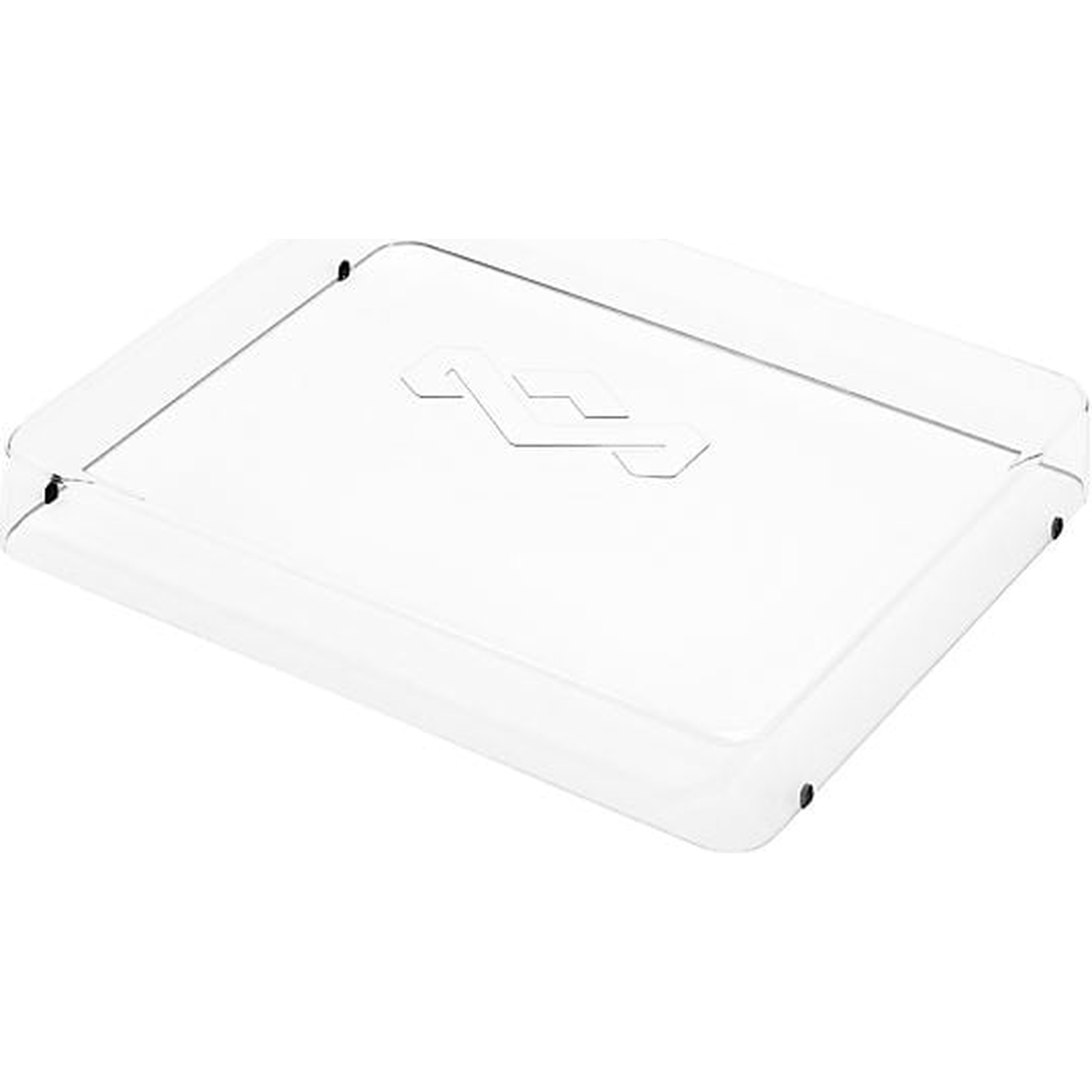 A clear, rectangular box with rounded corners and a logo embossed on top.