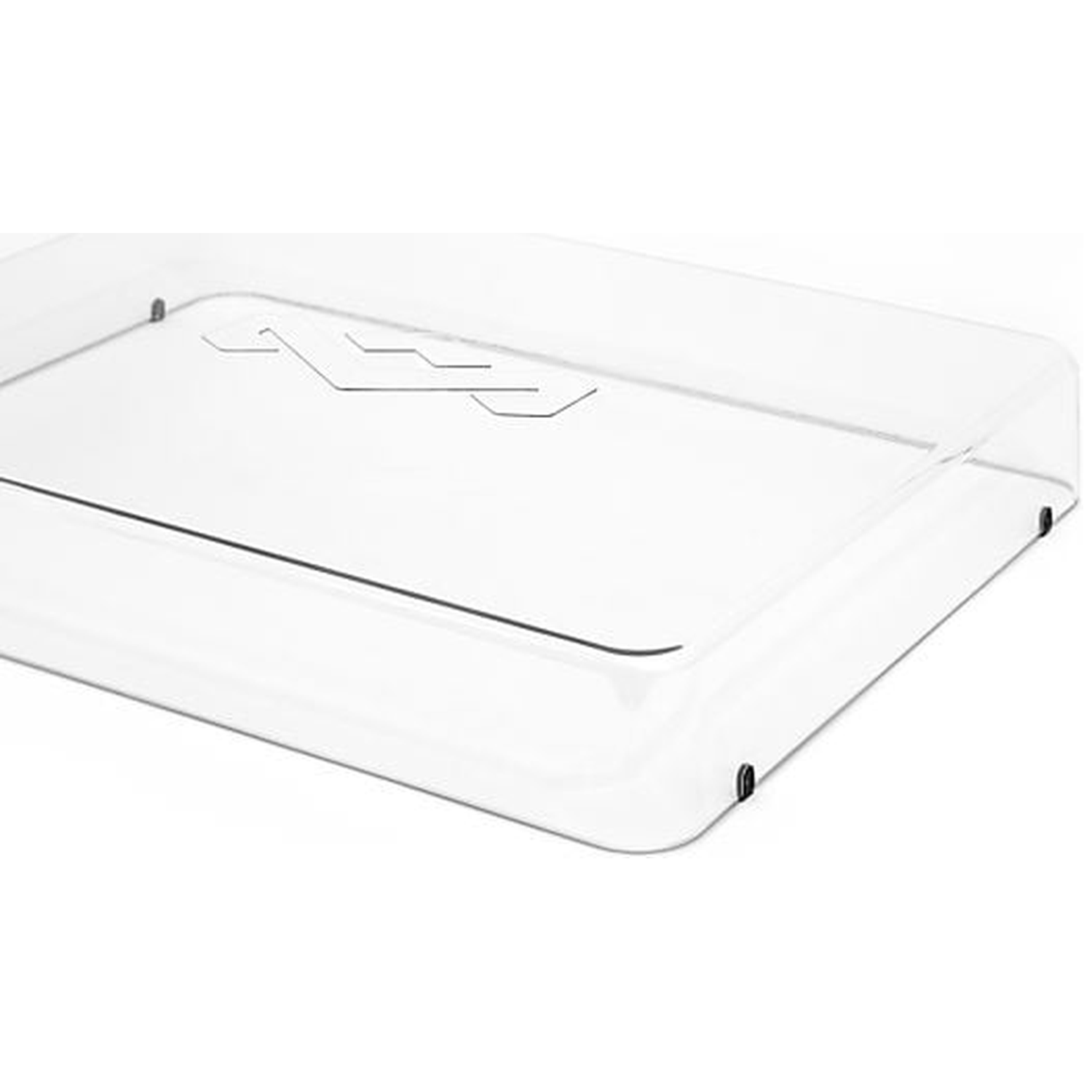 A transparent lid with black holders in detail.