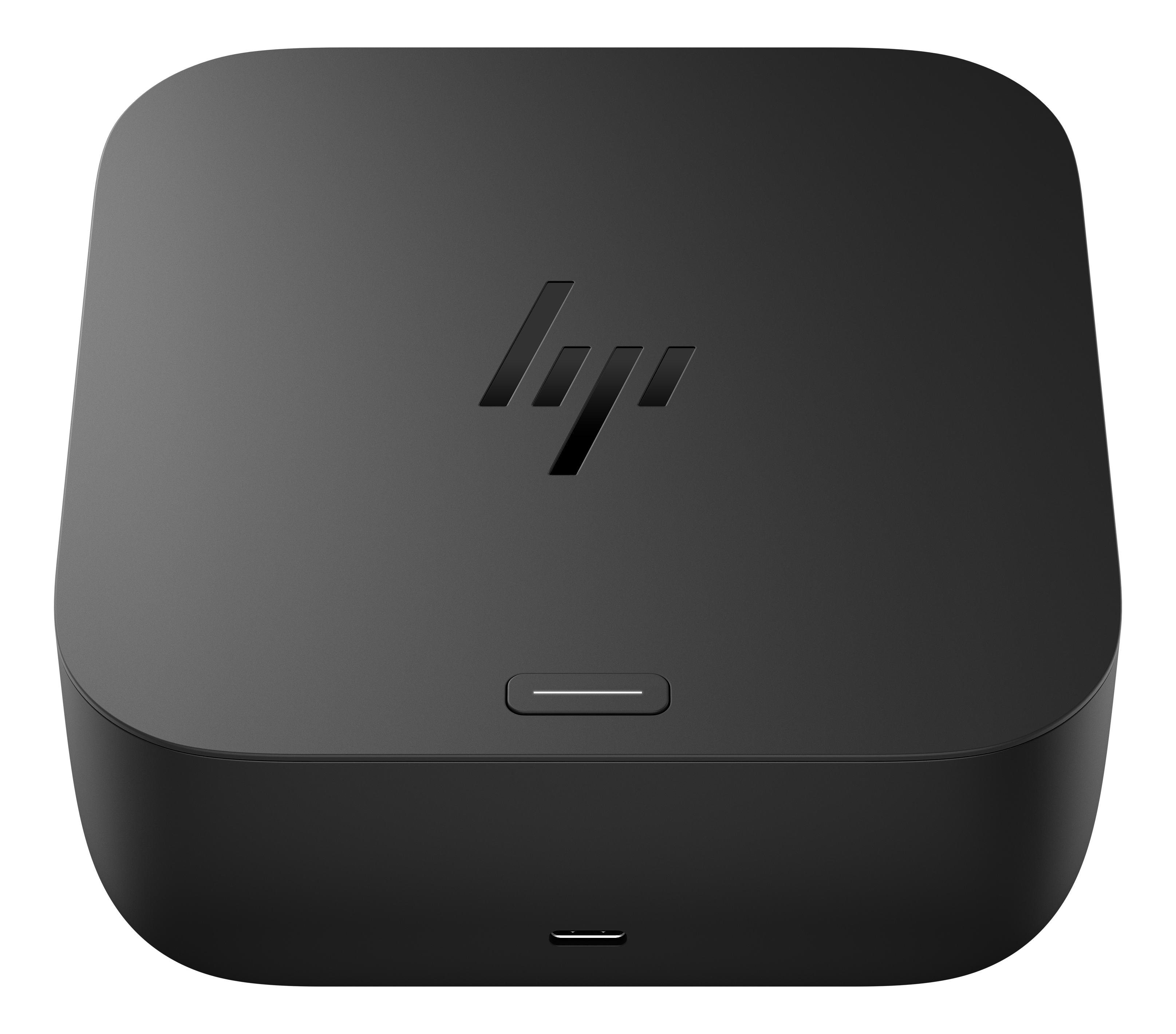 Schwarzer HP Docking-Würfel mit eingeprägtem Logo und einem schmalen Taster.