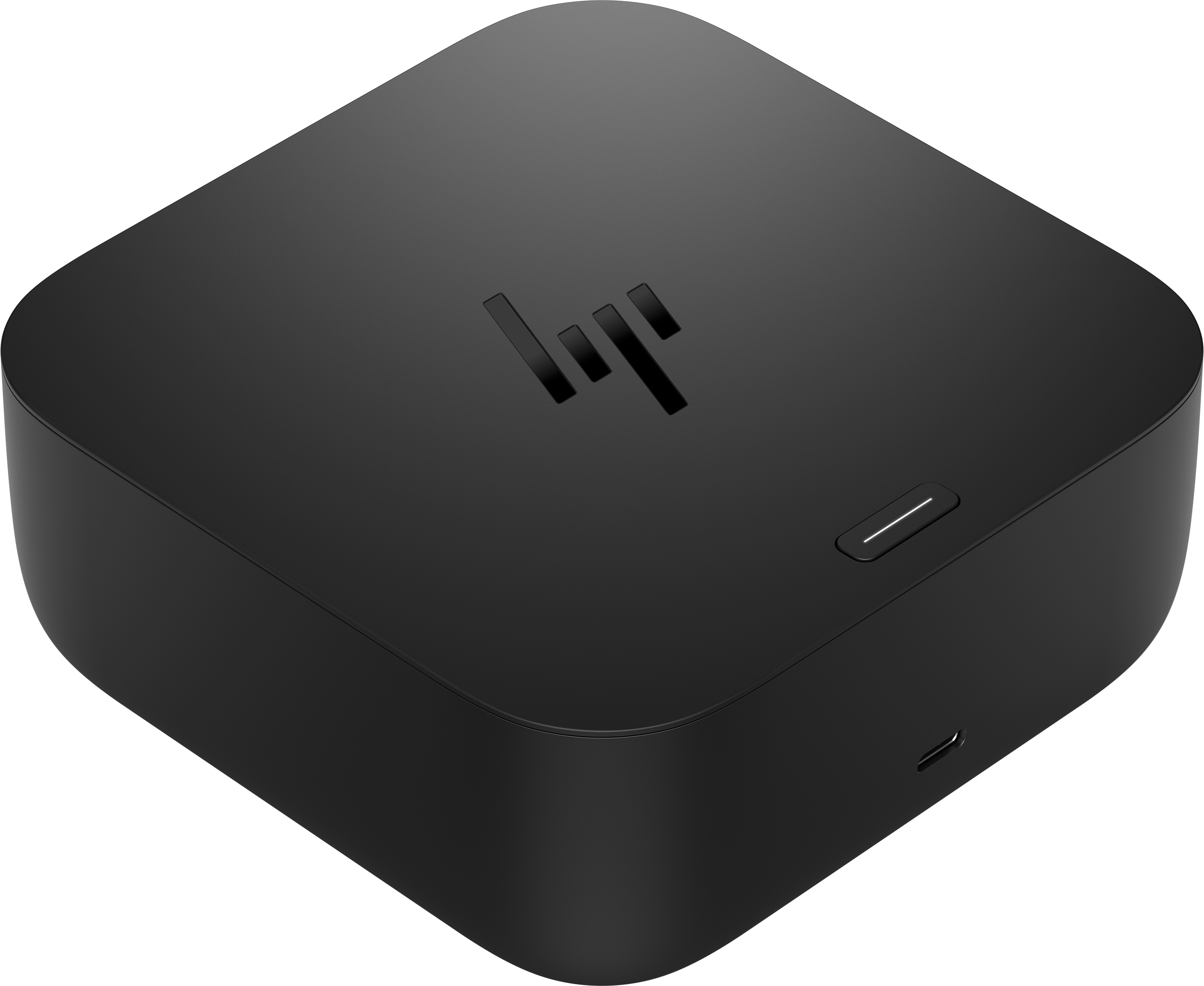 Ein schwarzes, quadratisches HP-Gerät mit Logo und USB-C-Anschluss.