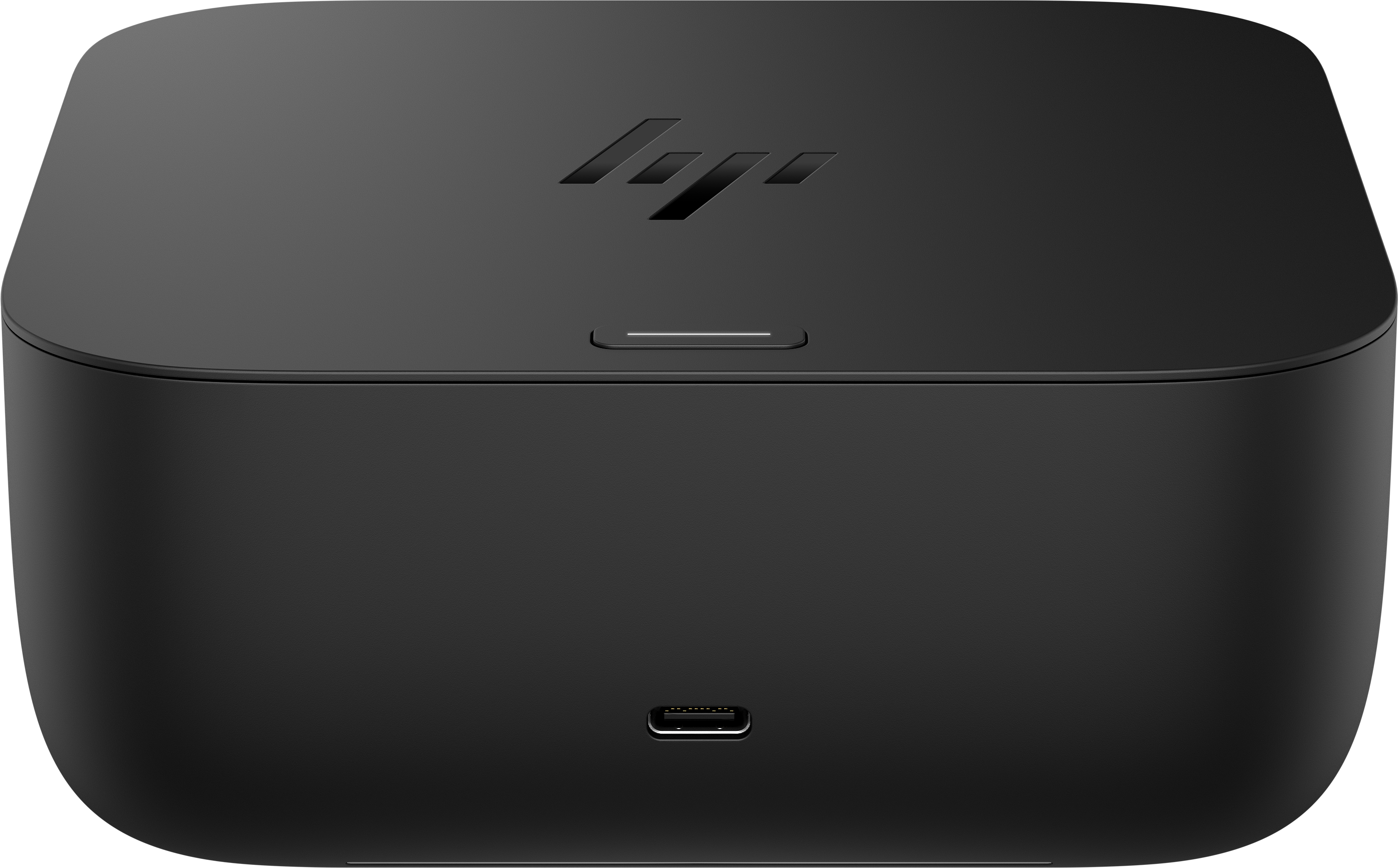 Schwarzes HP Dock mit USB-C-Anschluss und HP-Logo.