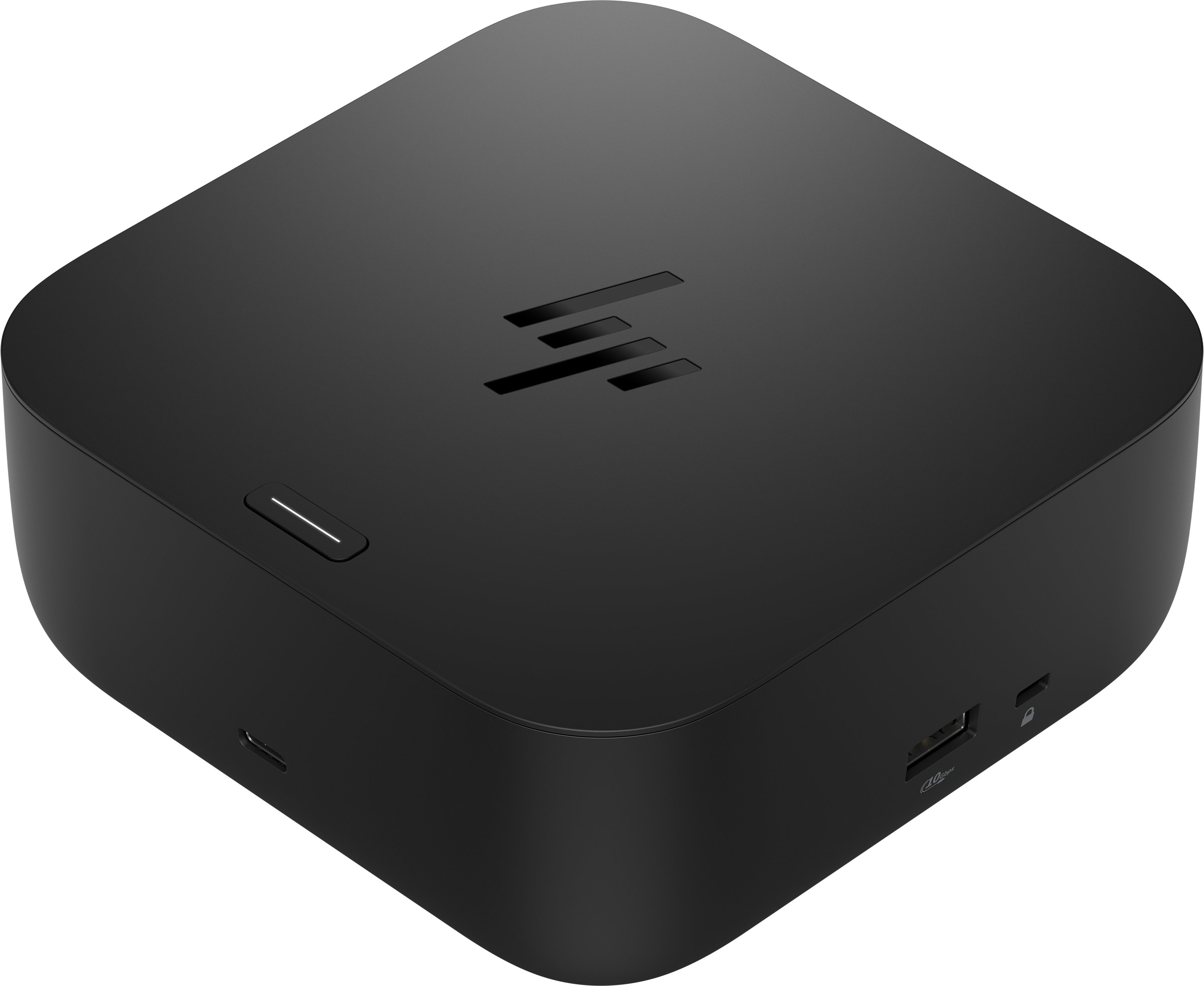 Ein schwarzes, kompaktes HP-Gerät mit einem USB-C-Anschluss und einem USB-A-Anschluss.