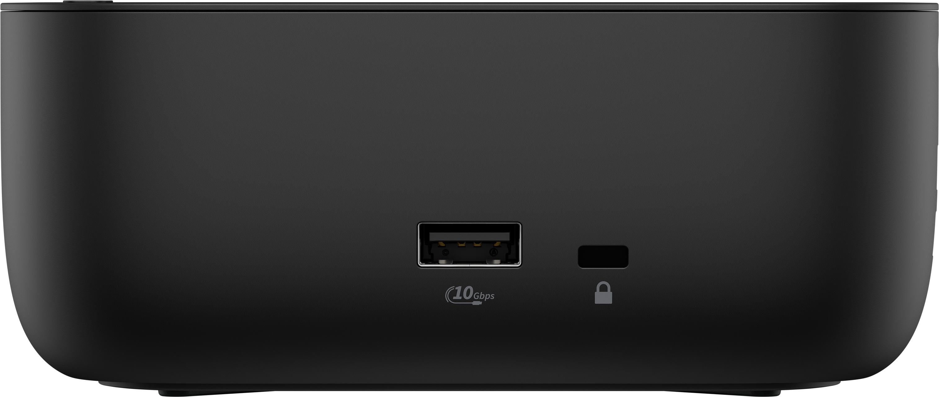 Schwarzes Gehäuse mit einem USB-Anschluss und einem Schloss-Symbol.