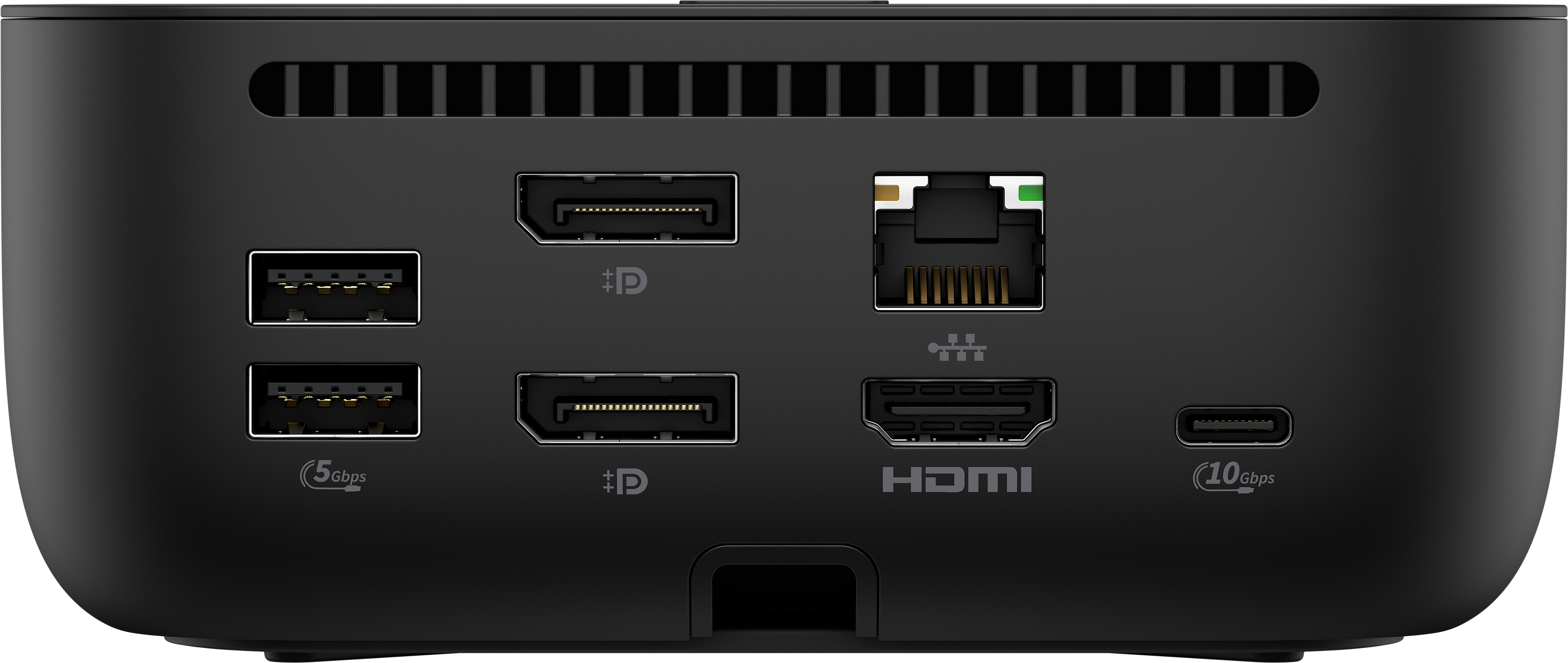 Rückseite eines schwarzen Geräts mit Anschlüssen: 2x USB-A, 2x DisplayPort, Ethernet, HDMI, USB-C.