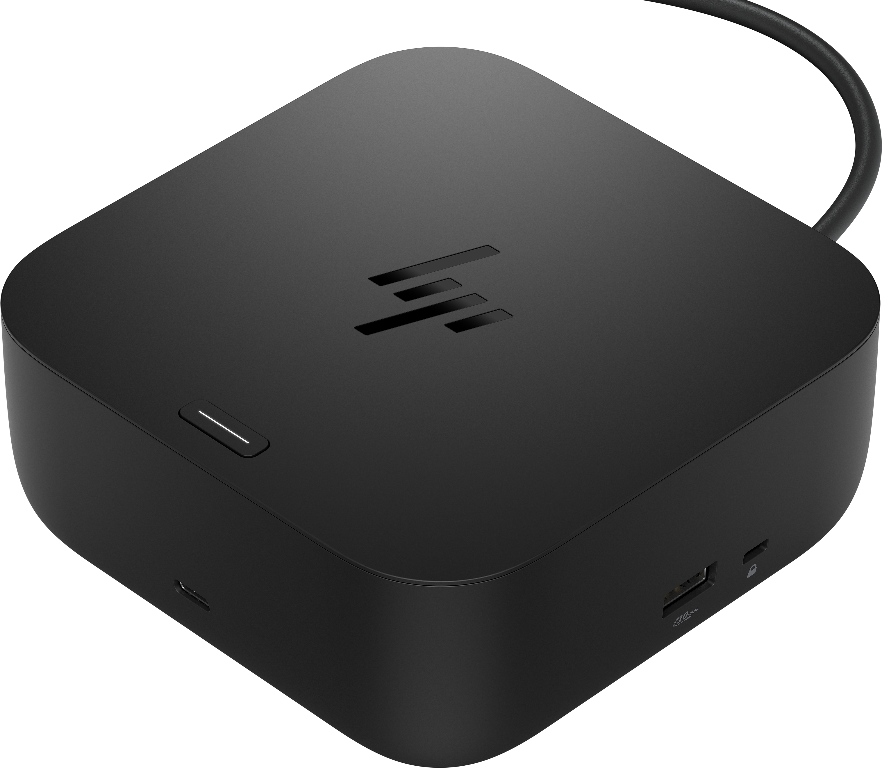 Schwarzer HP Dockingstation mit USB-C-Anschluss und HP-Logo.