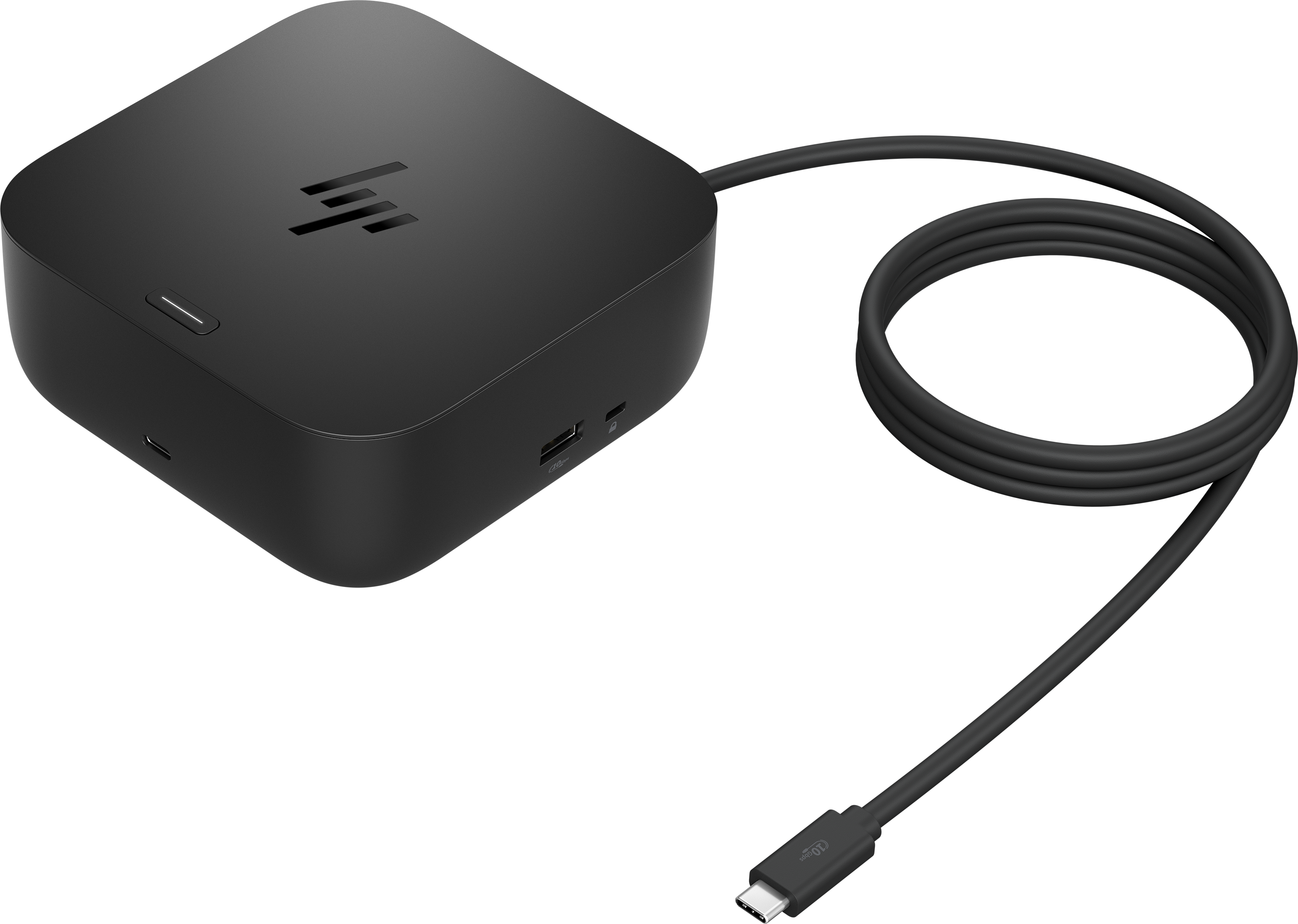 Schwarzer HP Dockingstation mit USB-C-Kabel und Ports.