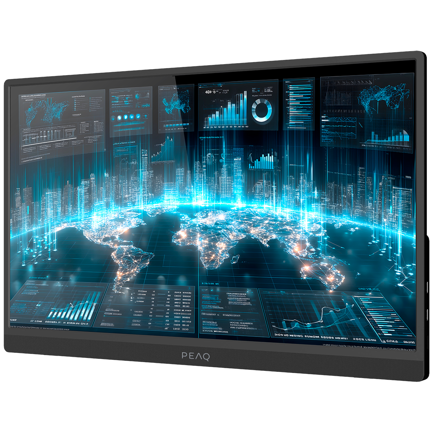 Een monitor toont wereldwijde datavisualisatie met stadsgezichten en grafieken.