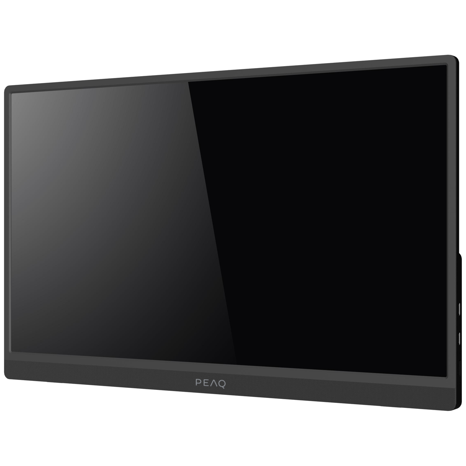 Een zwarte monitor met een donker scherm en een subtiel logo op de rand.