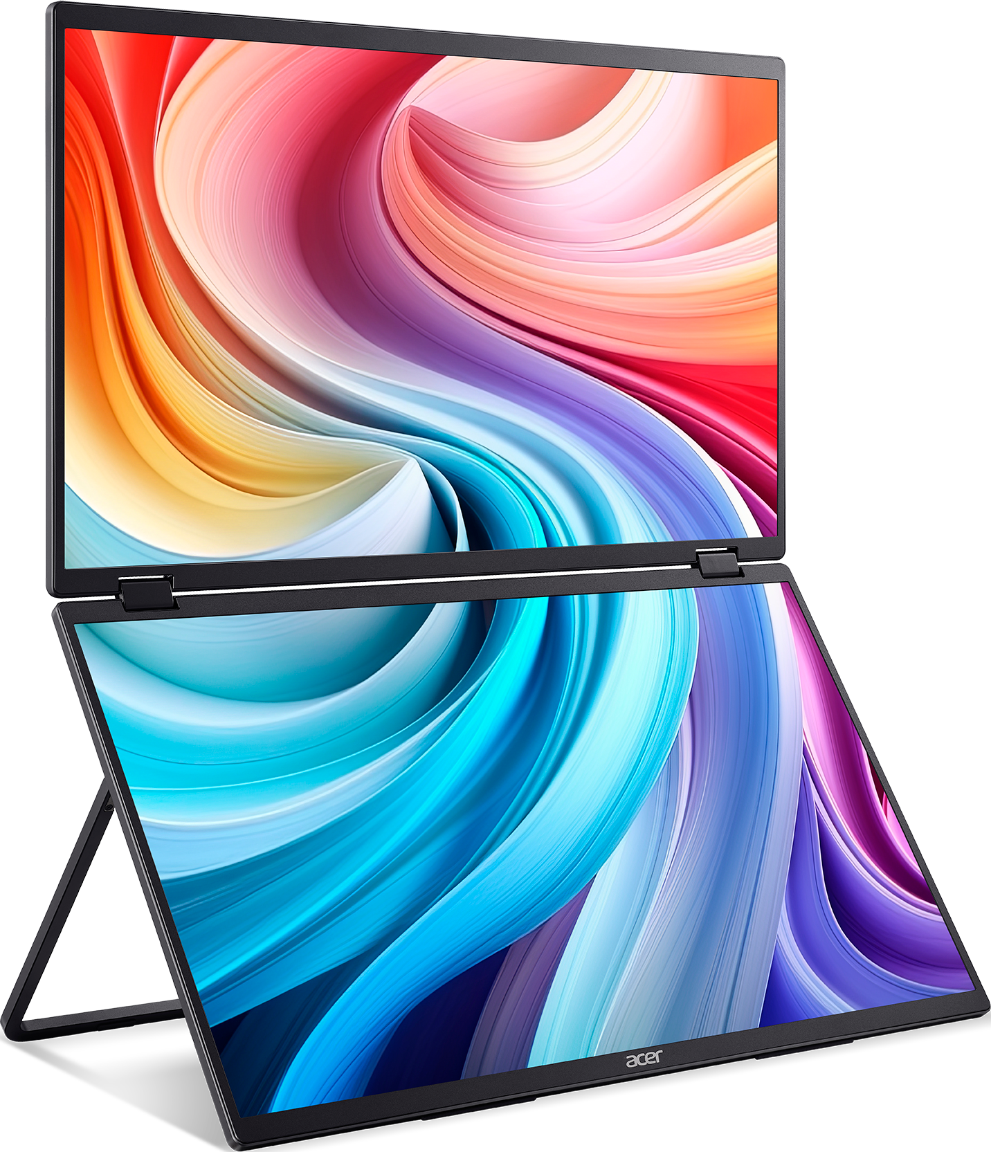Un laptop aperto con due schermi che mostrano motivi colorati e vorticosi.