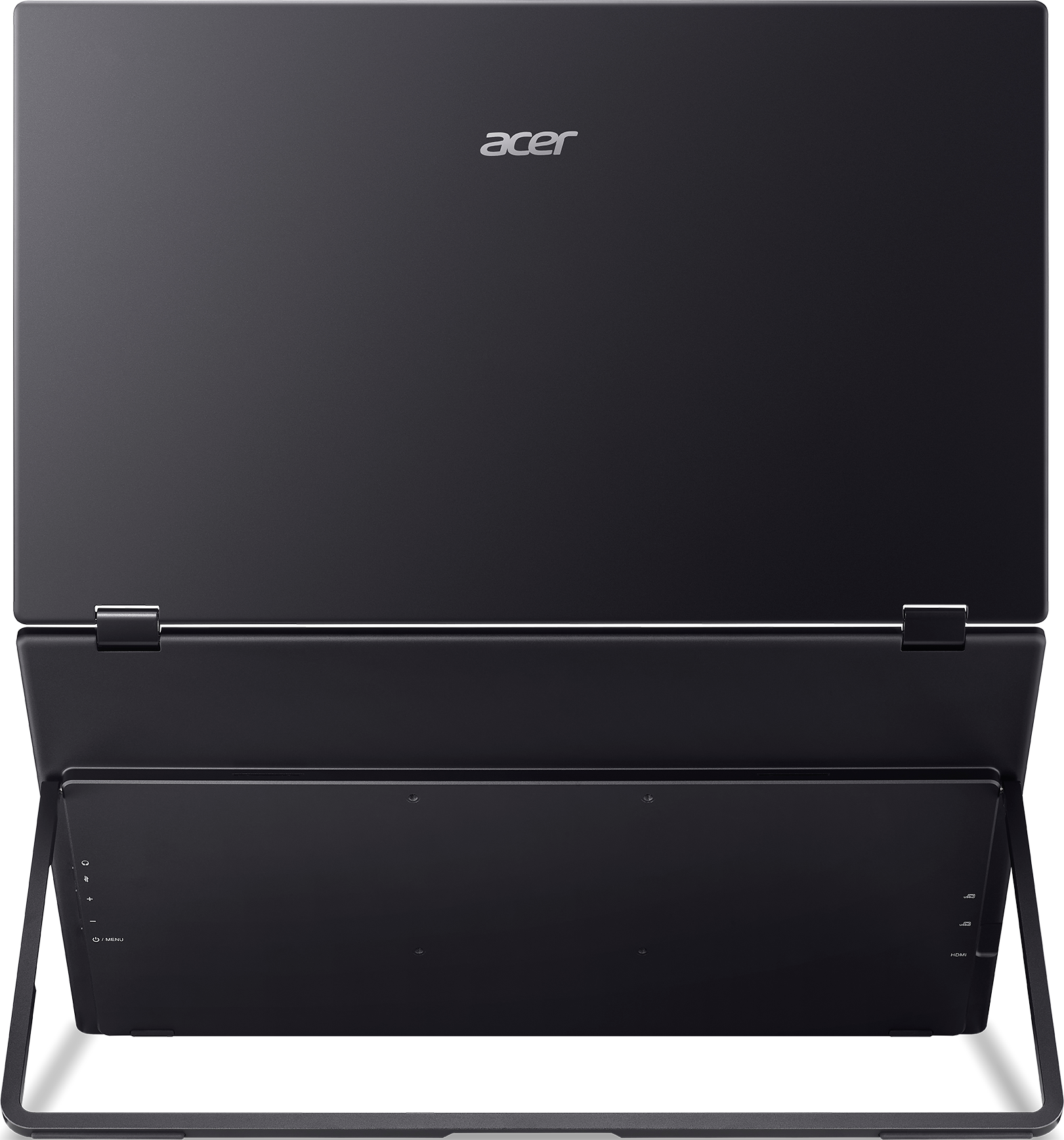 Un laptop Acer chiuso e scuro con supporto.