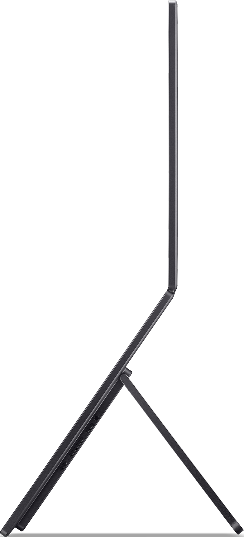 Un laptop scuro con cavalletto, visto di lato.
