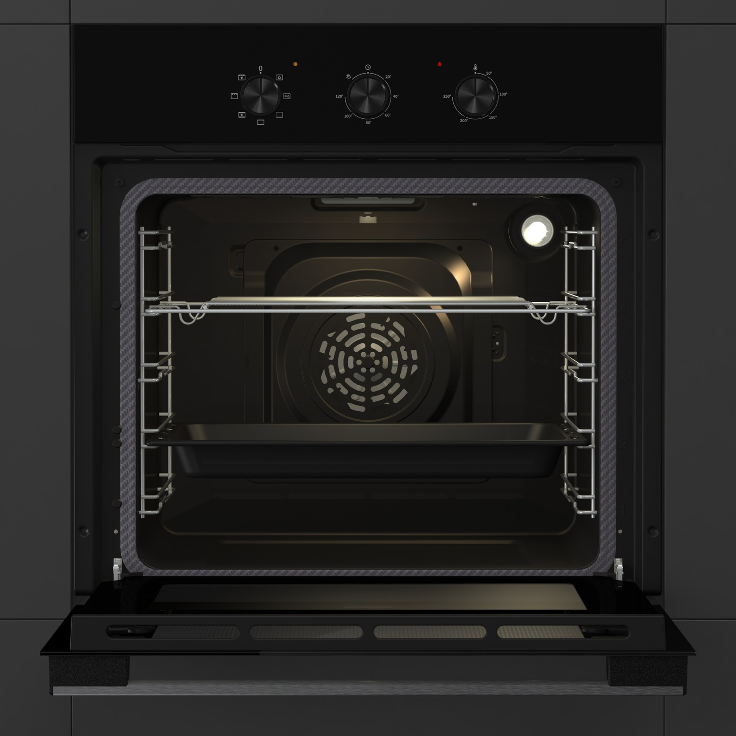 Un forno da incasso nero aperto con due griglie e una teglia.