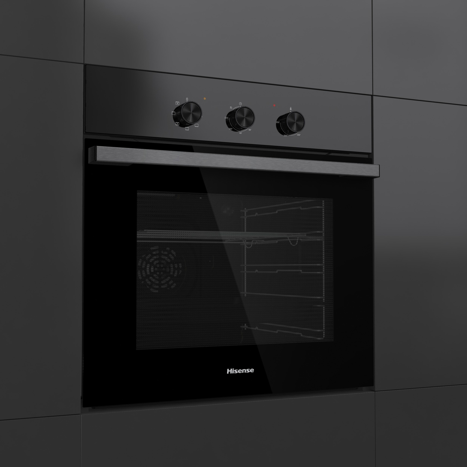 Un forno da incasso nero moderno con porta in vetro e tre manopole.