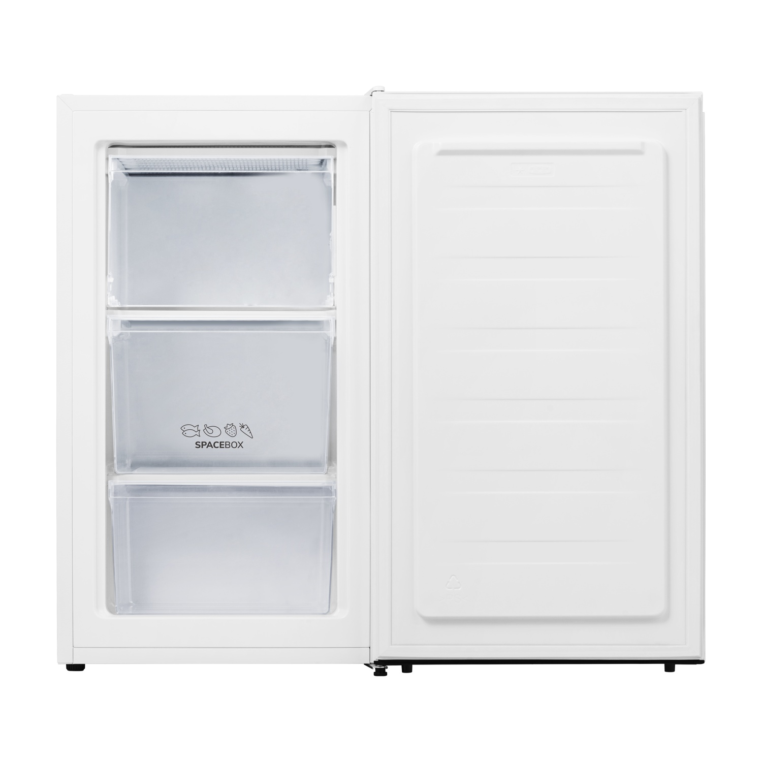 Un congelatore bianco aperto con tre cassetti trasparenti e una porta aperta.