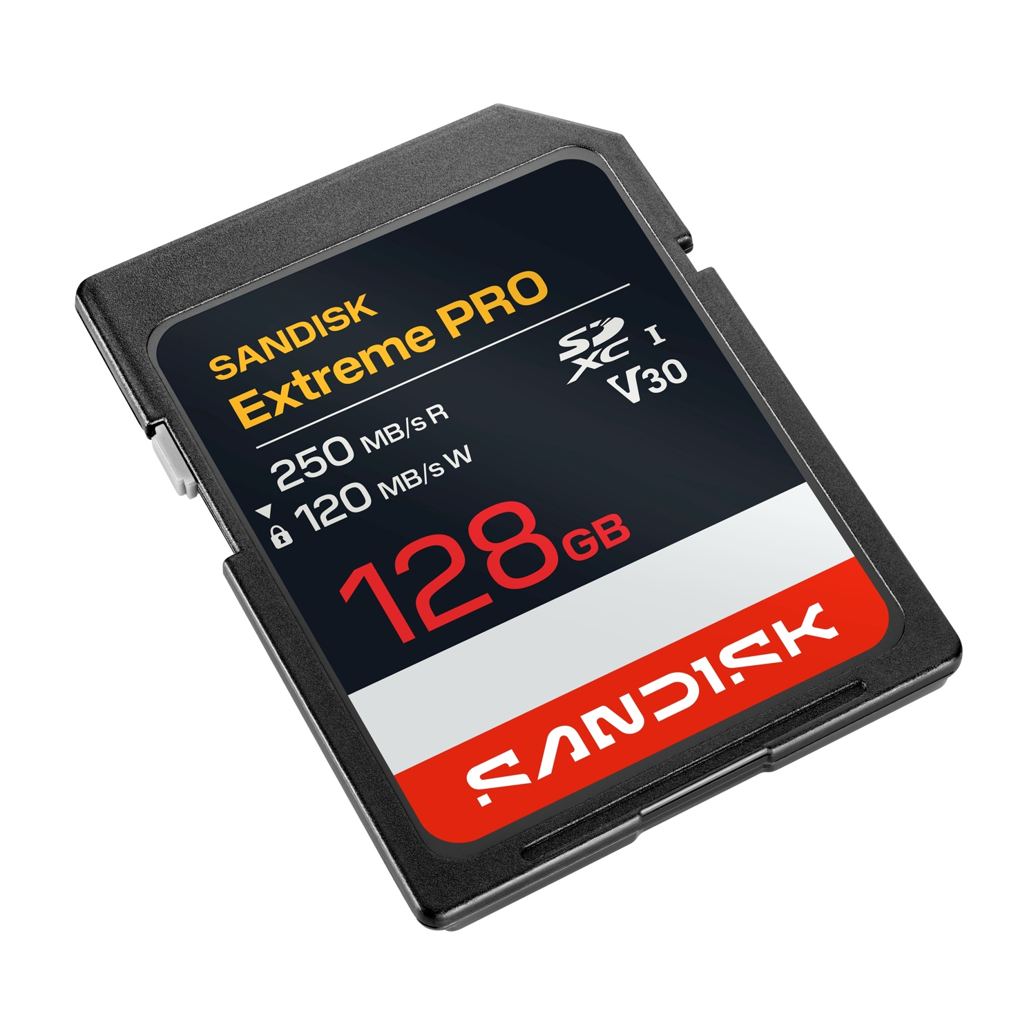 Scheda SD SanDisk Extreme Pro nera da 128GB con velocità di lettura/scrittura.