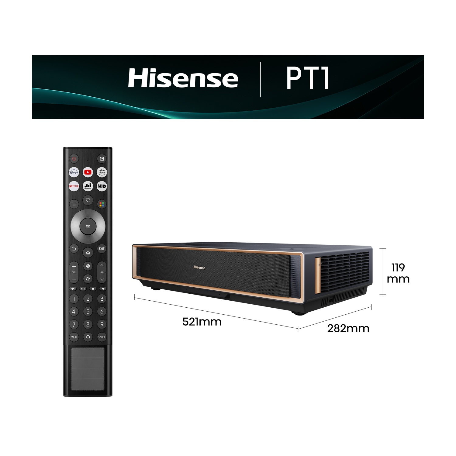 Un proiettore Hisense PT1 con telecomando e dimensioni: 521mm x 282mm x 119mm.
