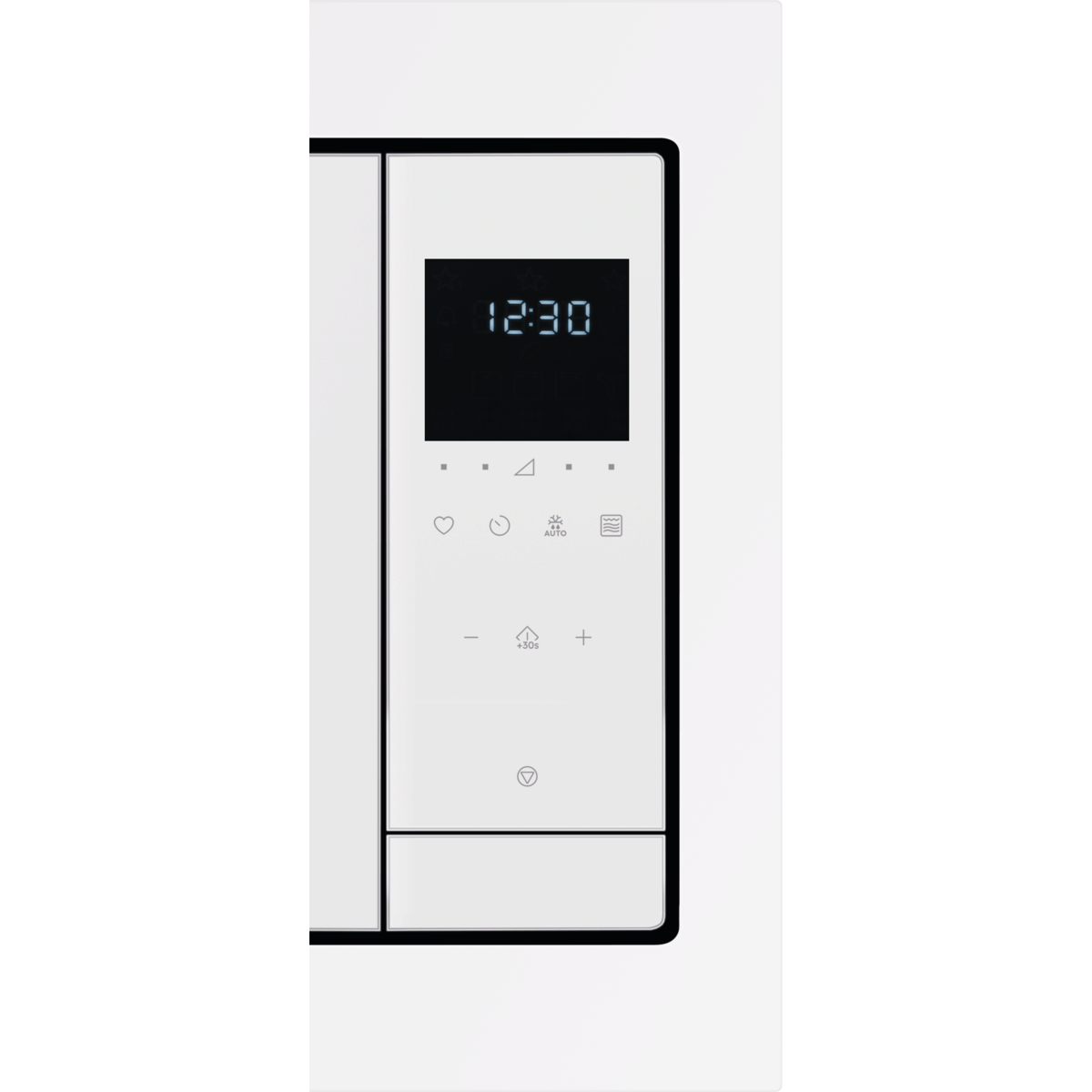 Egy fehér kezelőpanel digitális kijelzővel, amely 12:30-at mutat.