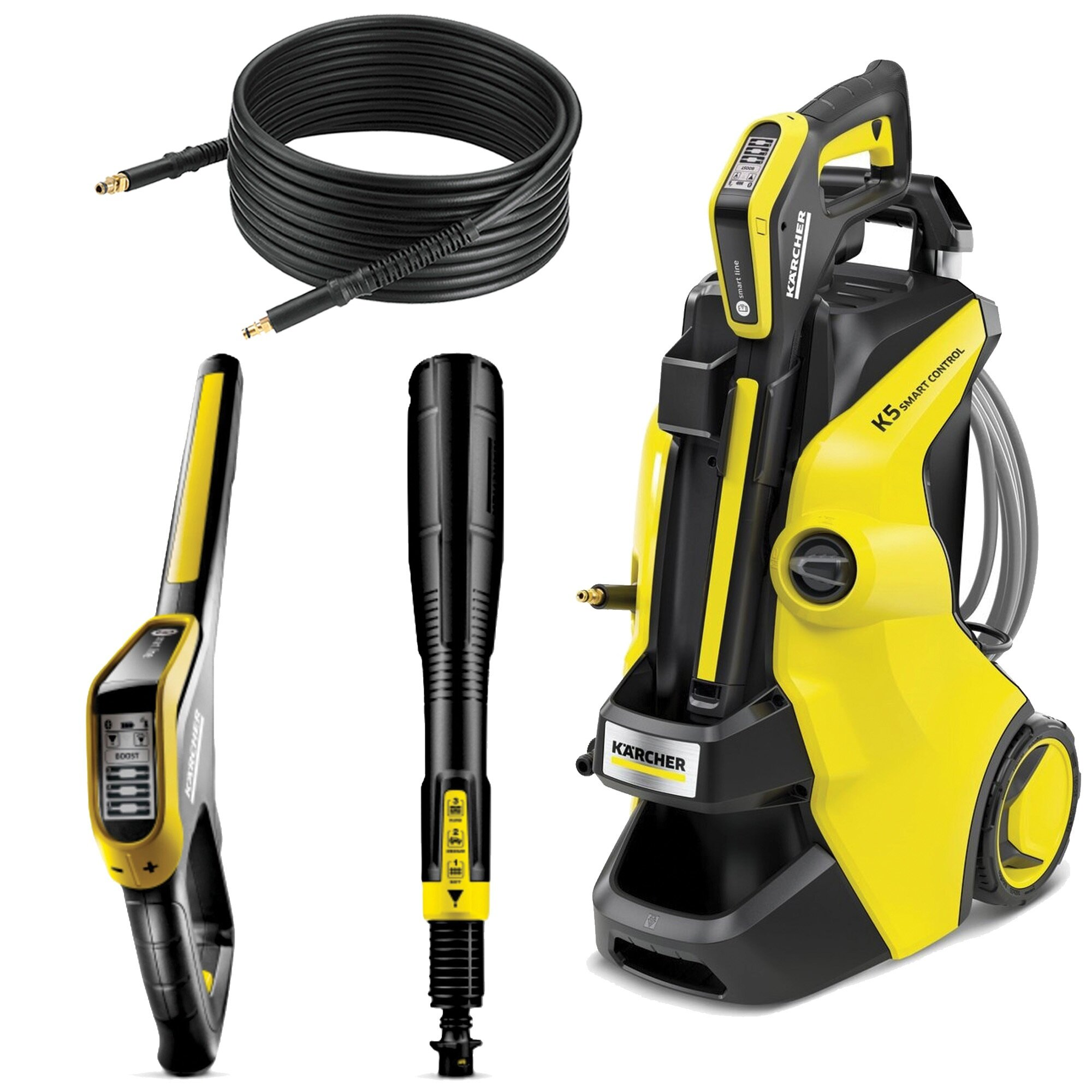 Myjka ciśnieniowa Kärcher z akcesoriami: wąż, pistolet i lanca.