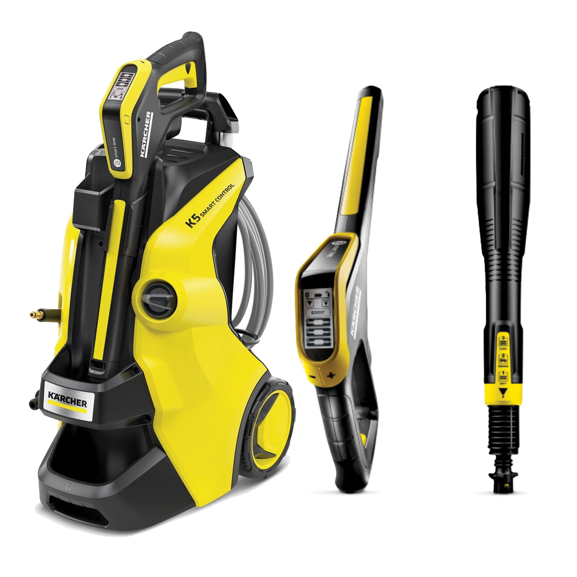 Żółta i czarna myjka ciśnieniowa z akcesoriami na białym tle.