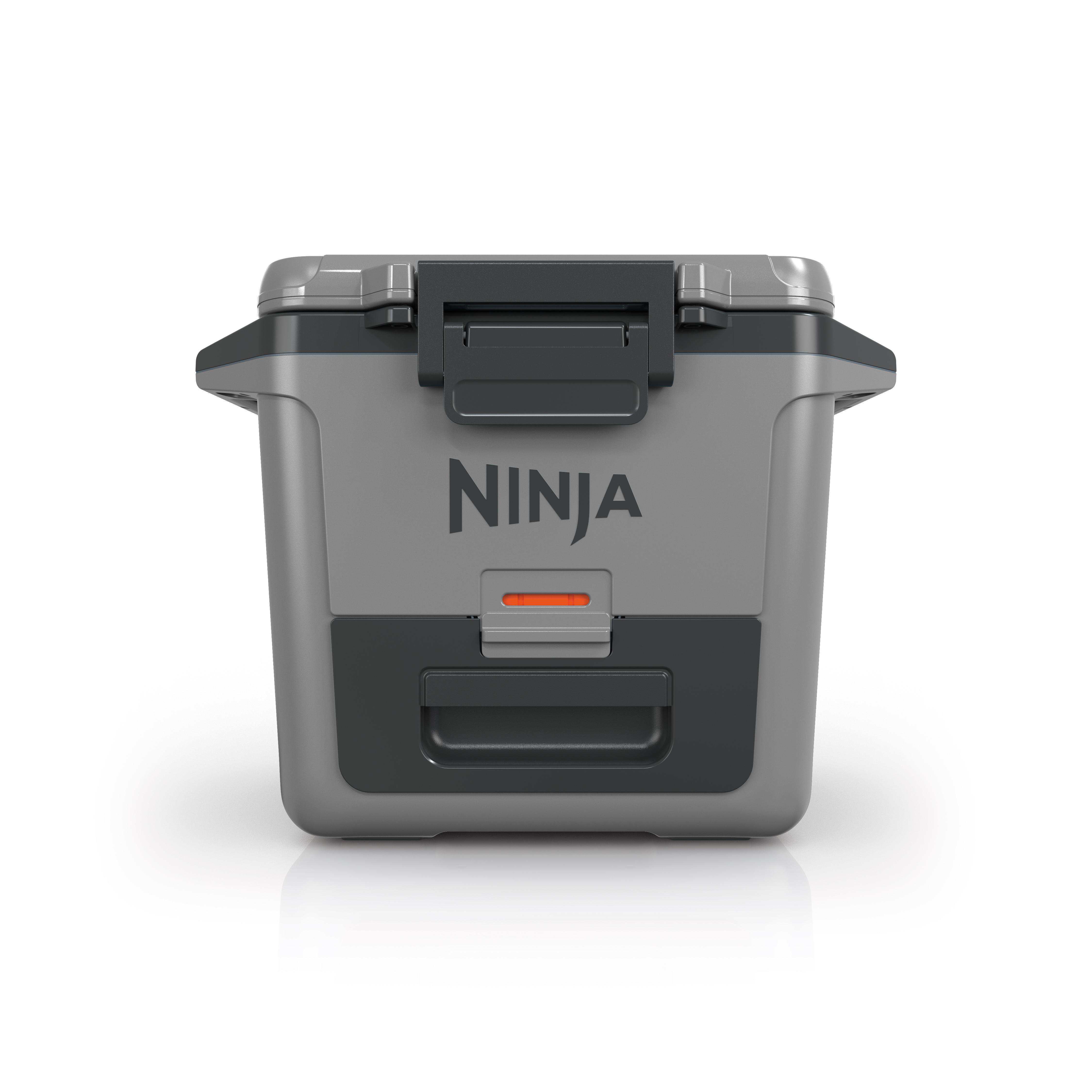 Grauer Ninja-Behälter mit Griff und orangefarbenem Detail.